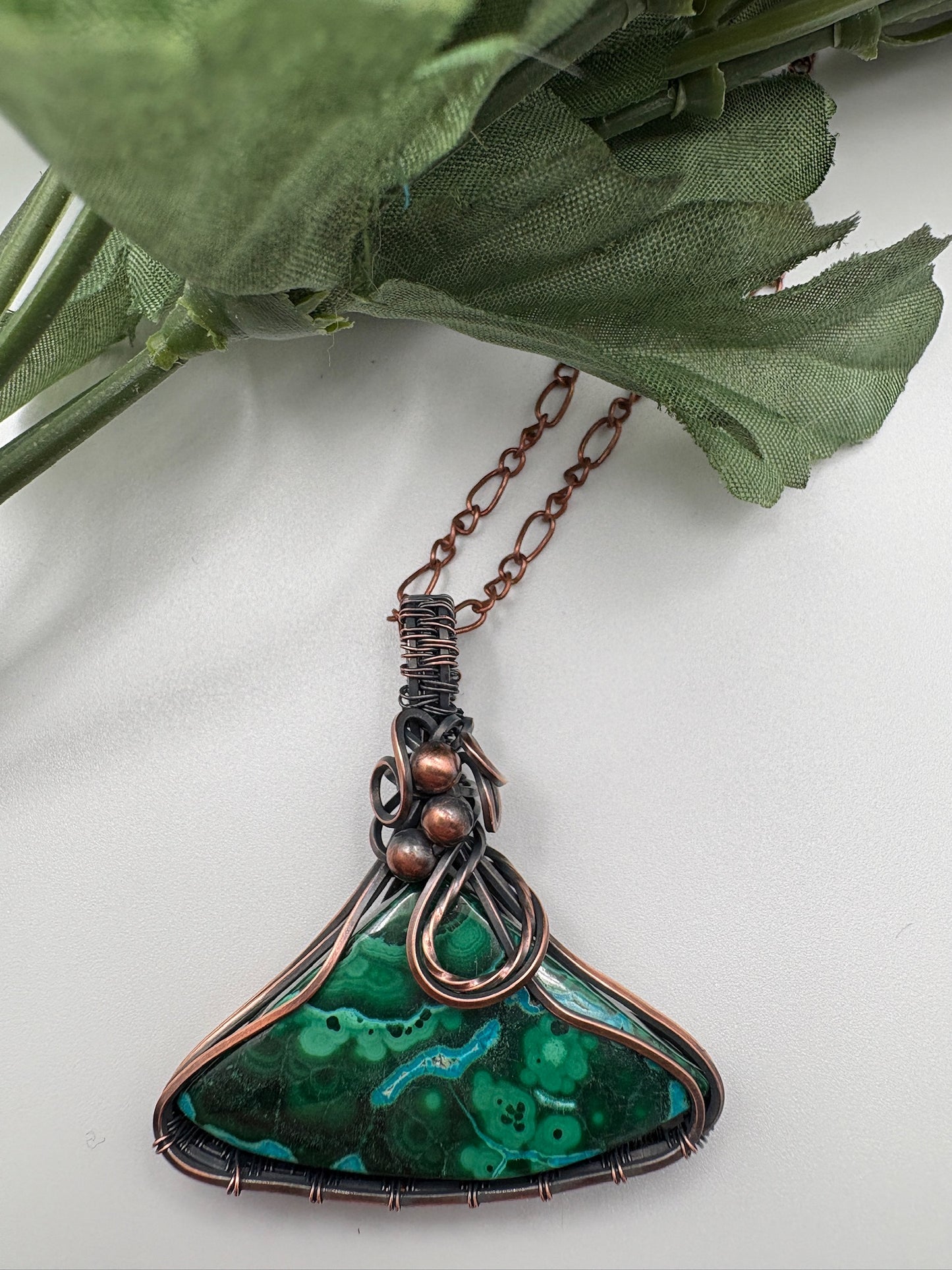 Chrysocolla Malachite Triangle Handmade Wire Wrapped Pendant