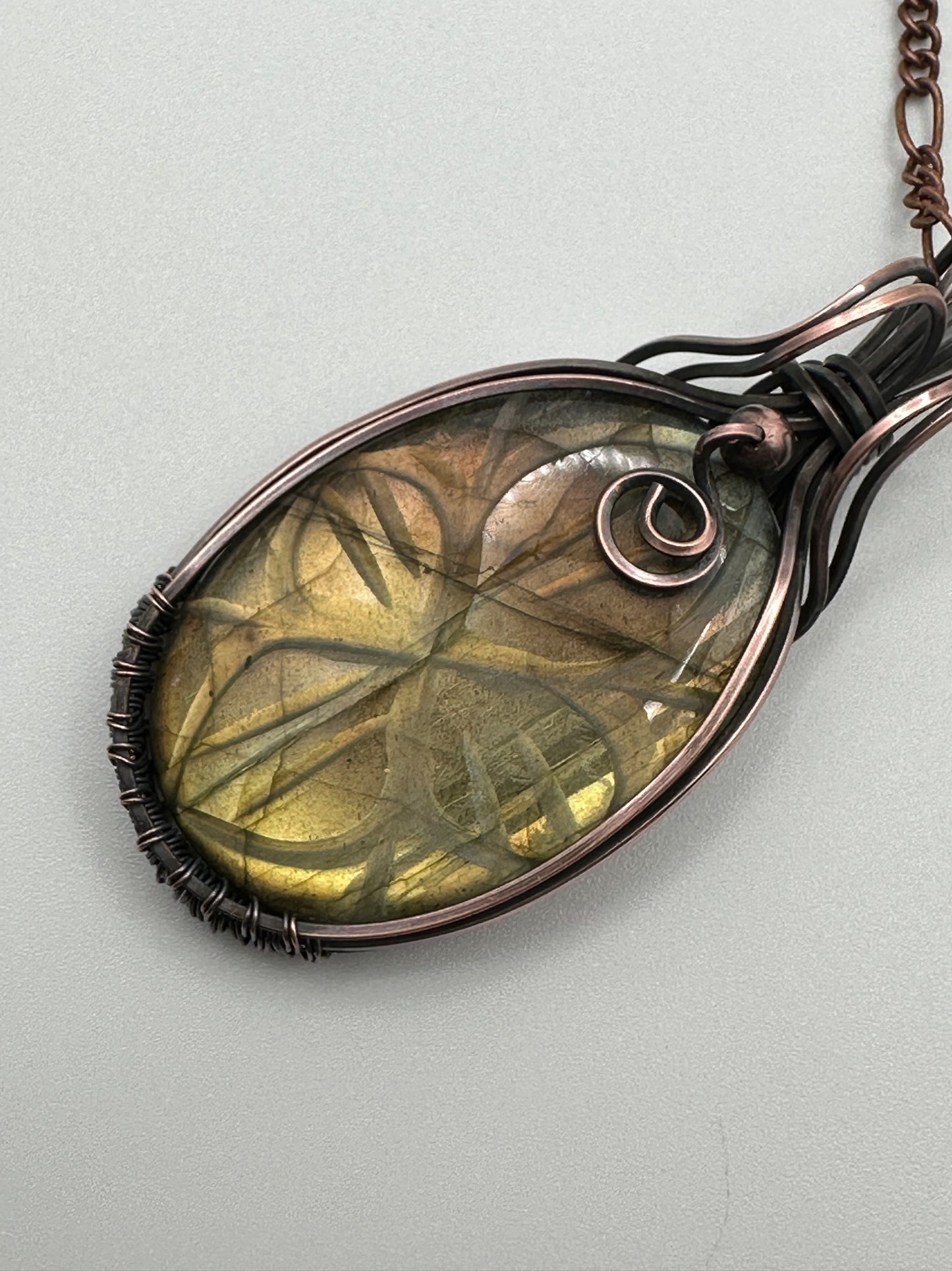 Carved Oval Labradorite Handmade Wire Wrapped Pendant