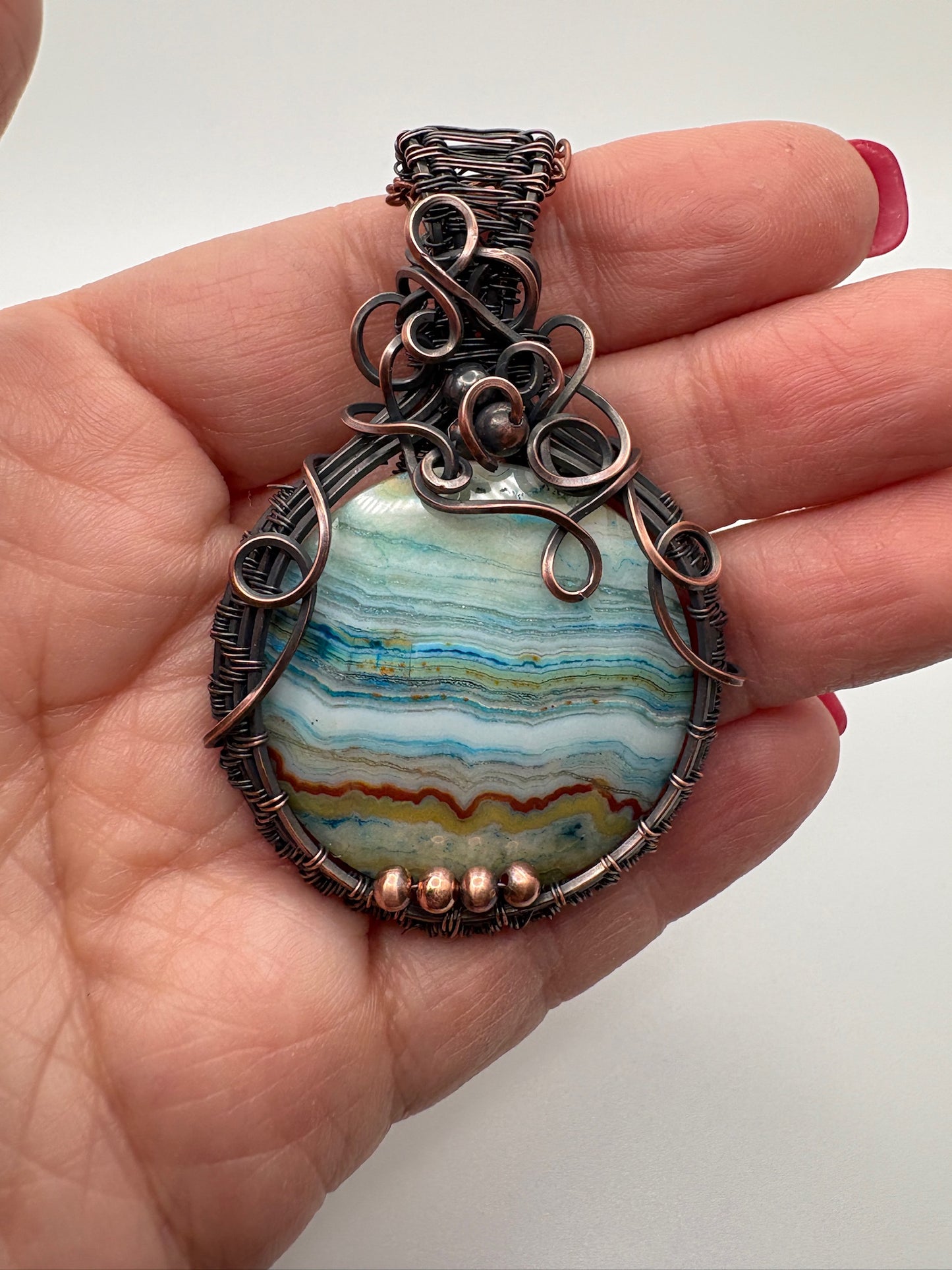 Circle Crazy Lace Agate Handmade Wire Wrapped Pendant