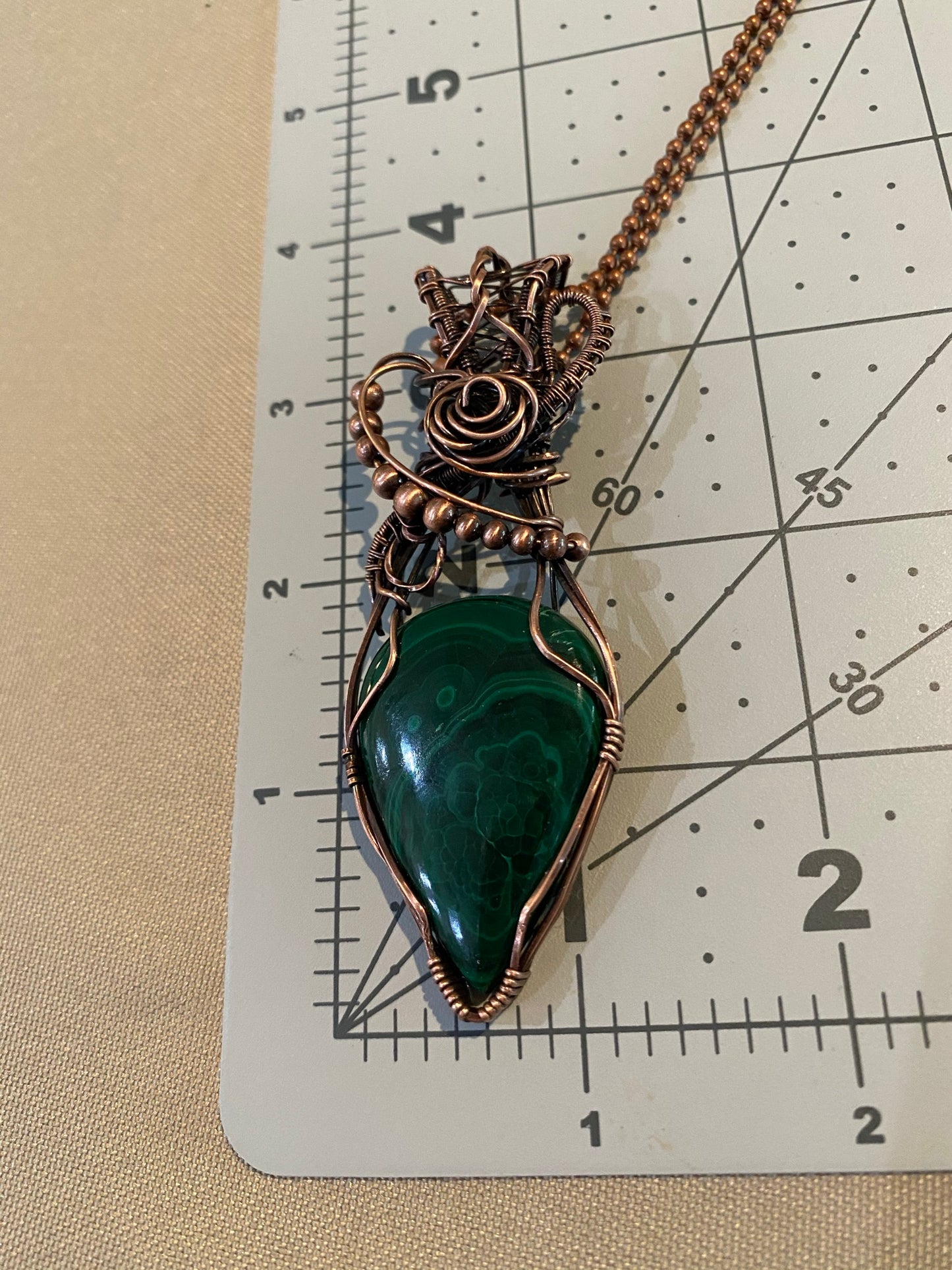 Namibian Malachite Teardrop  Pendant Wrapped in Antiqued Copper Wire