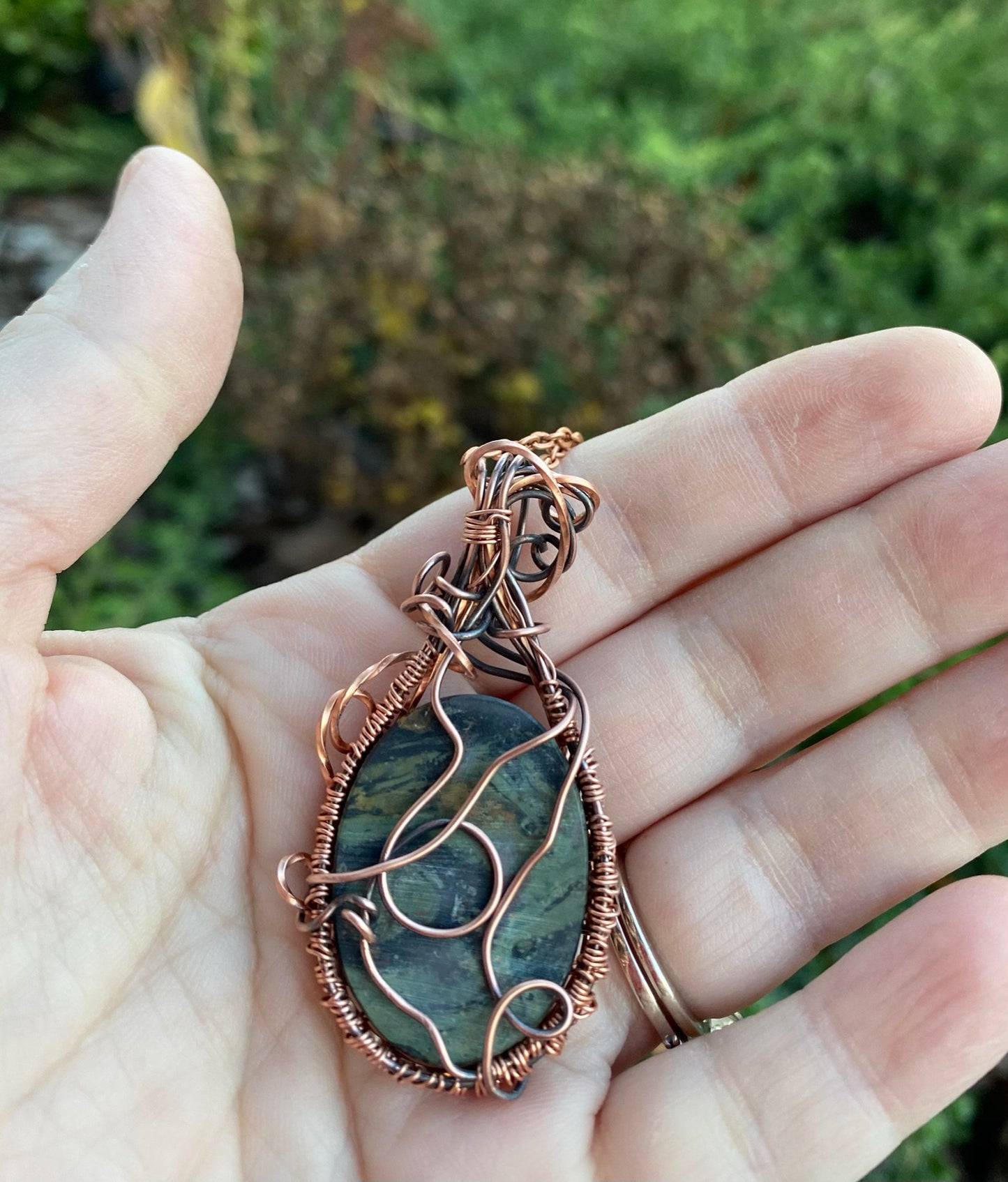 Natural Kambaba Jasper, Wire Wrapped and Woven Oval Pendant