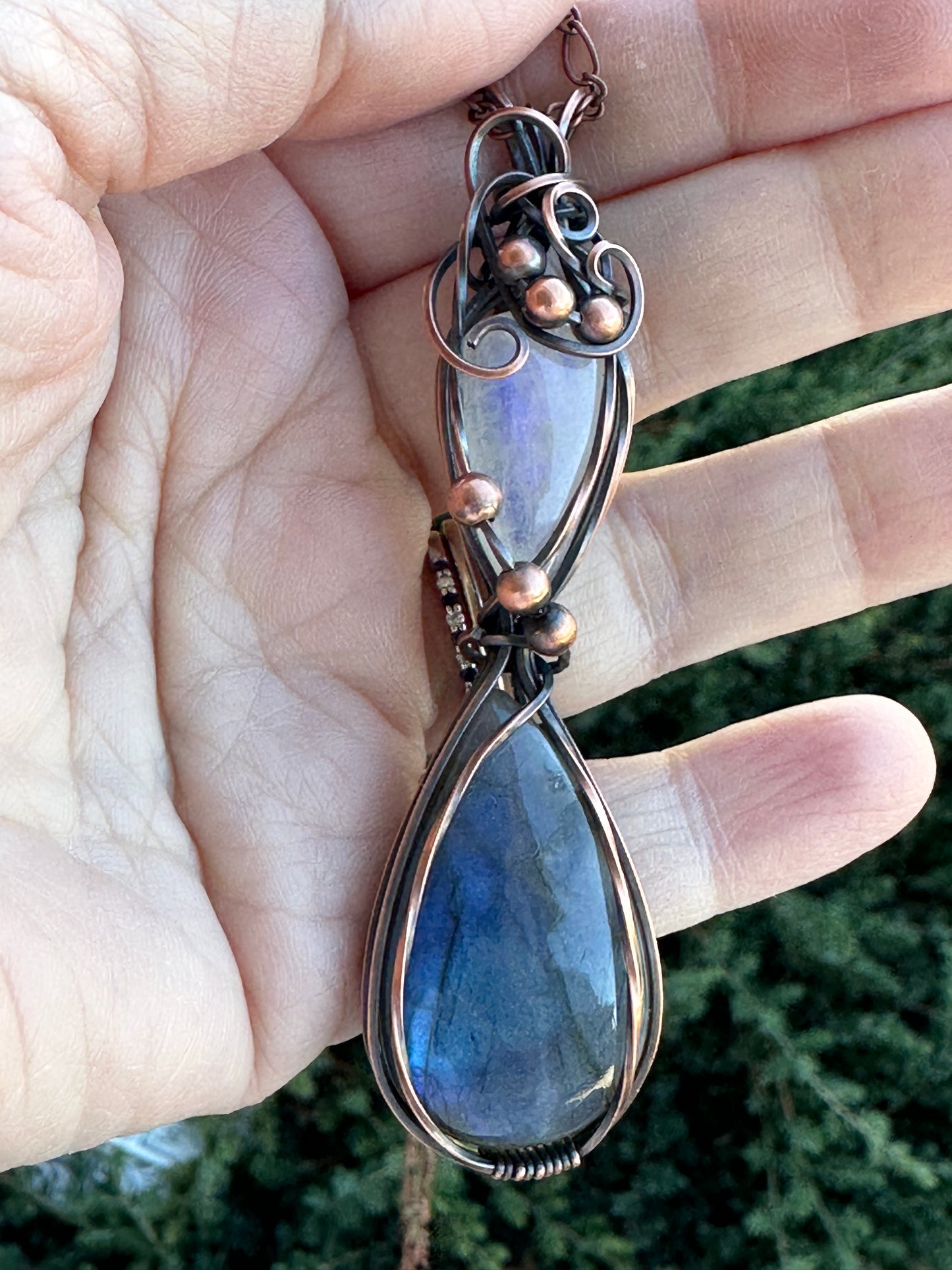 Labradorite and Moonstone Double Wire Wrapped Pendant