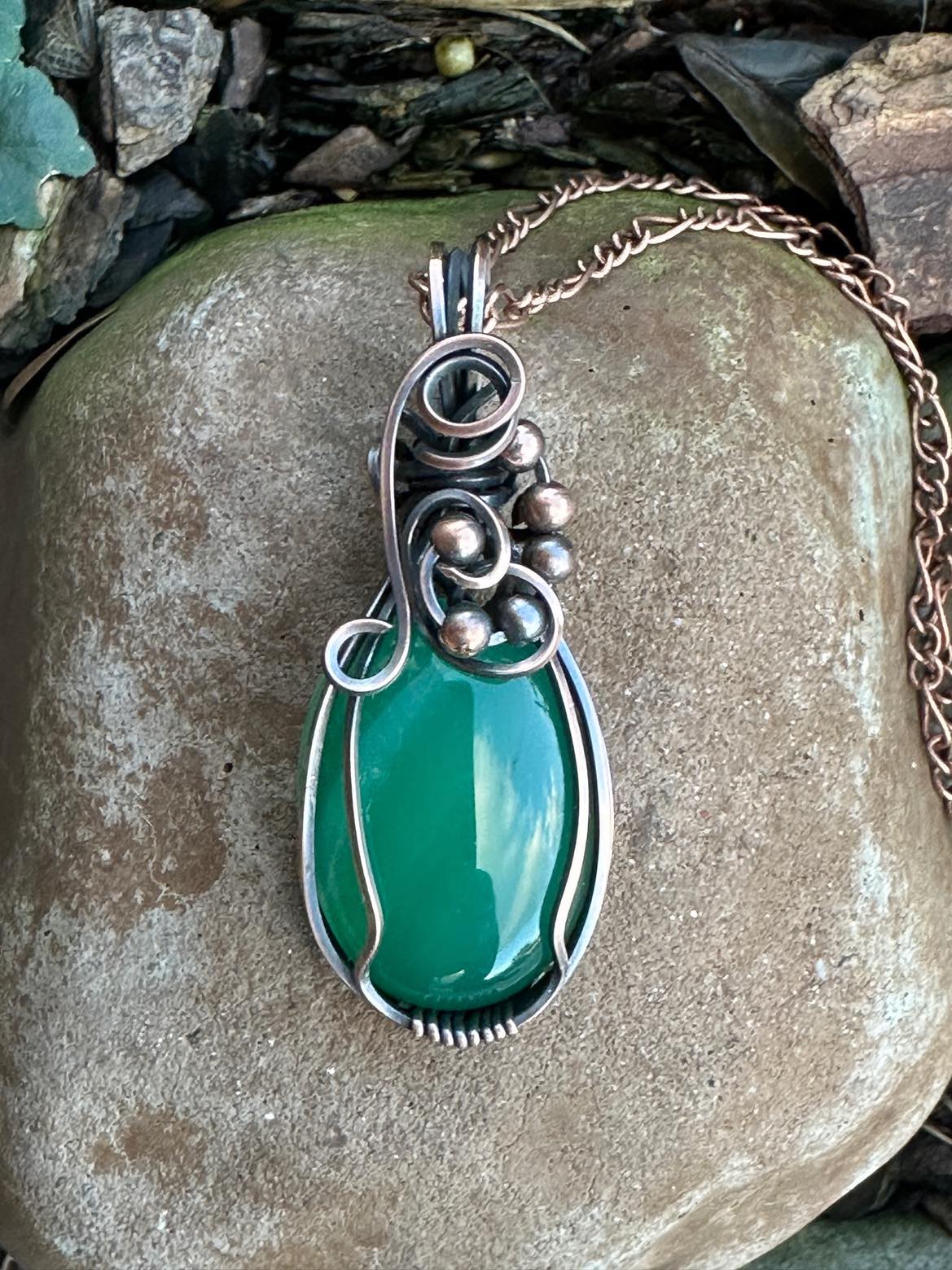 Handmade Wire Wrapped Green Agate Oval Pendant