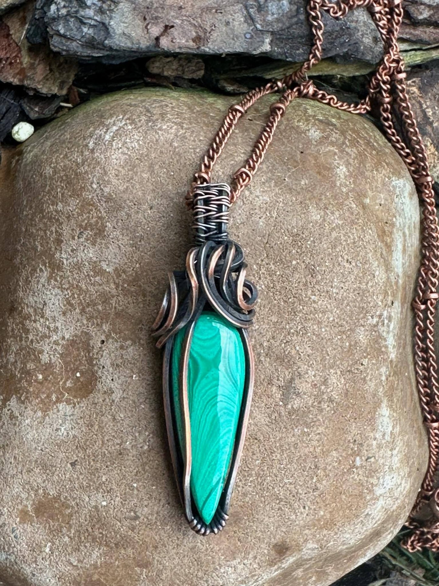 Dagger Shaped Malachite Handmade Wire Wrapped Pendant