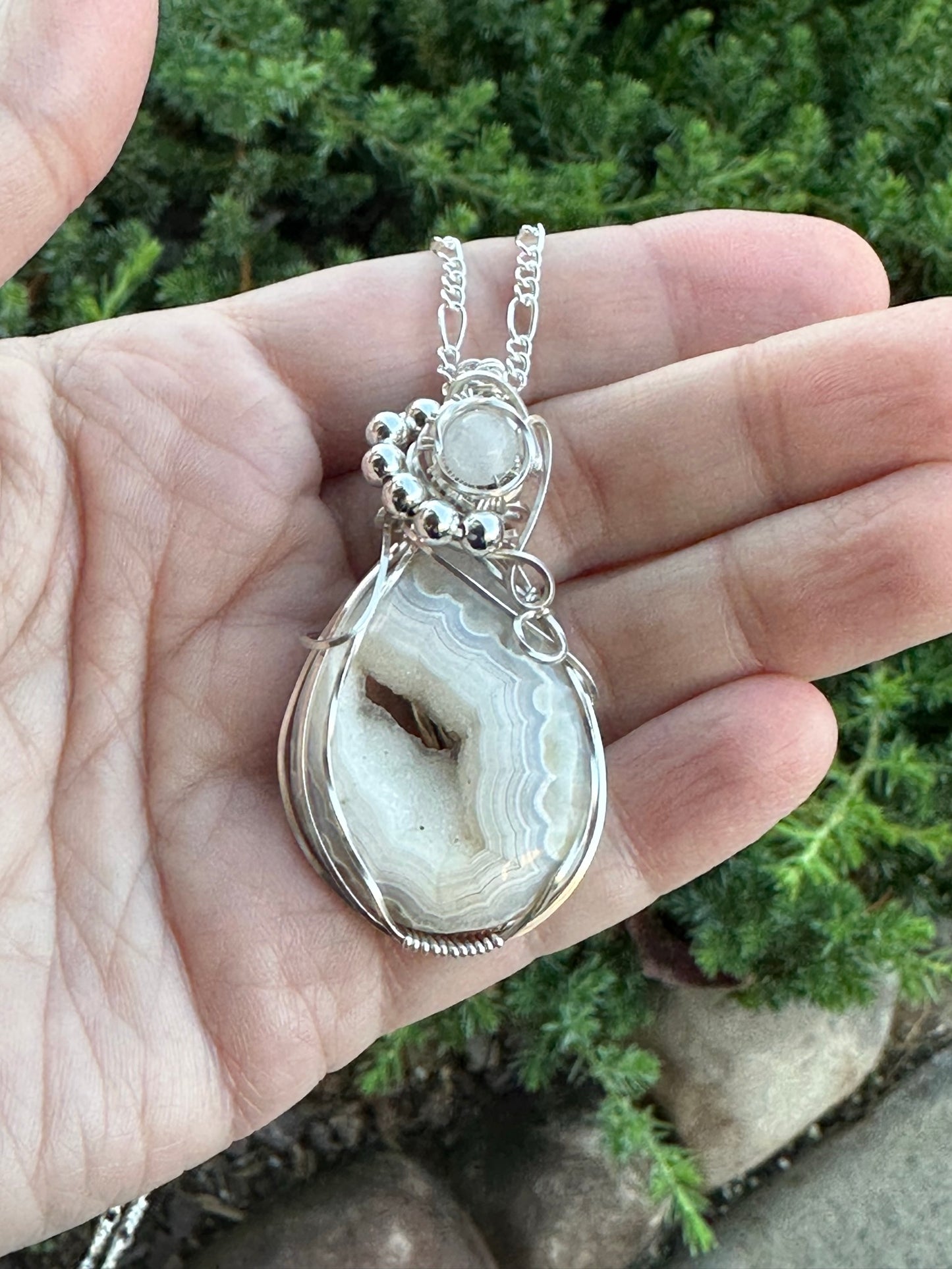 Natural White Banded Window Druzy Wire Wrapped Pendant