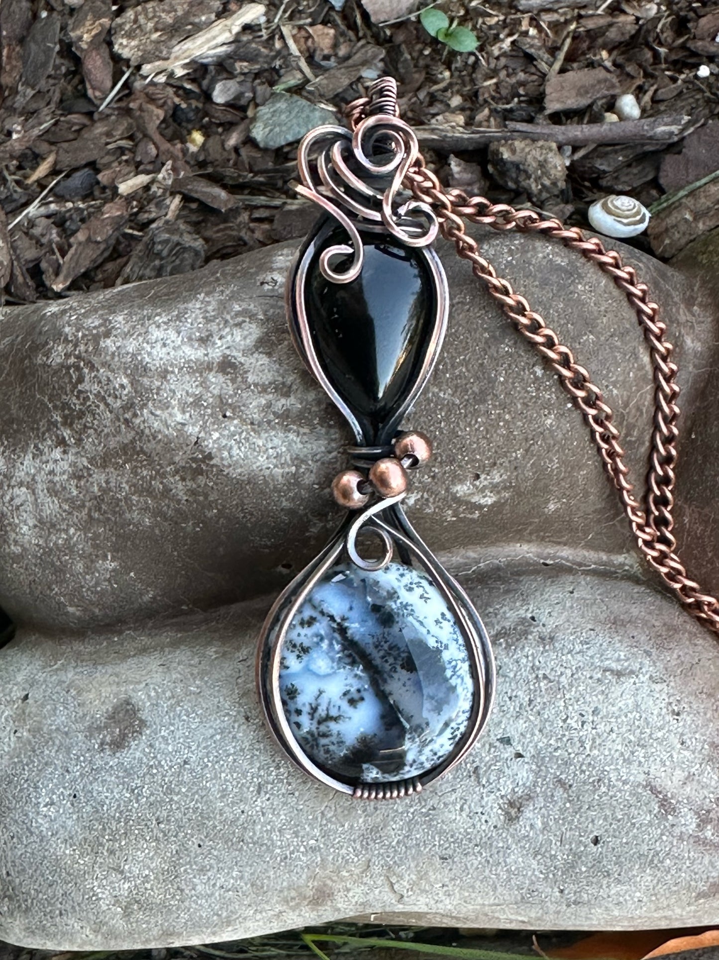Dendritic Agate and Onyx Teardrop Double Pendant Statement Piece