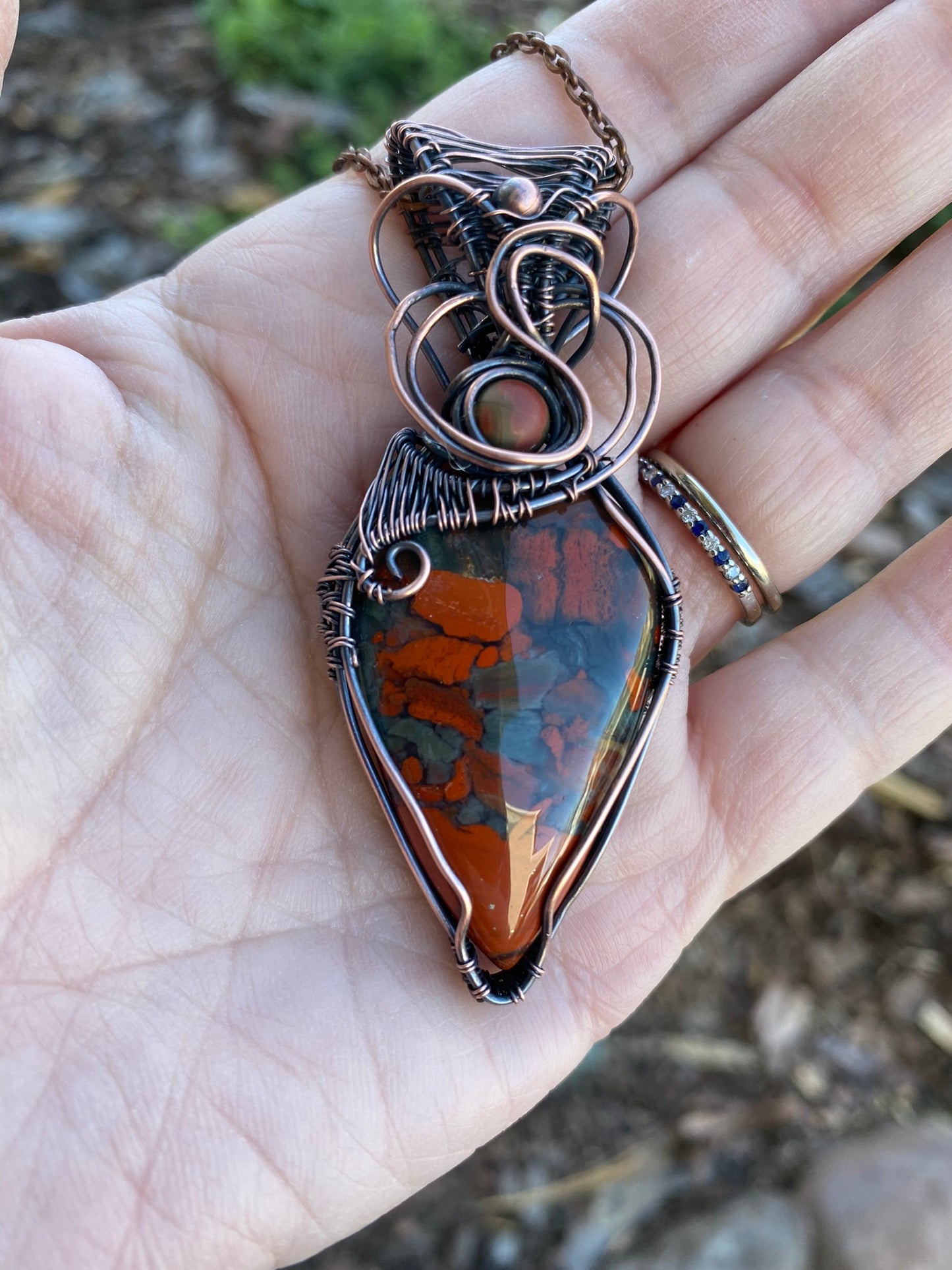 Natural Rainbow Jasper Pear Shaped Wire Wrapped Pendant