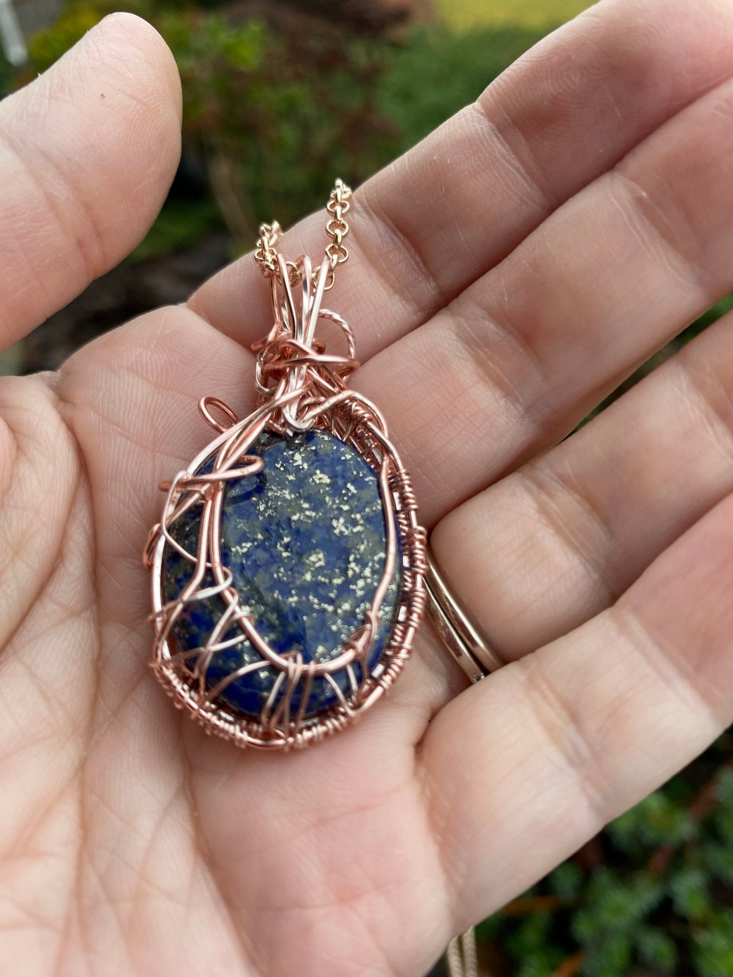 Lapis Lazuli Oval Wire Wrapped in Rose Gold Wire Pendant