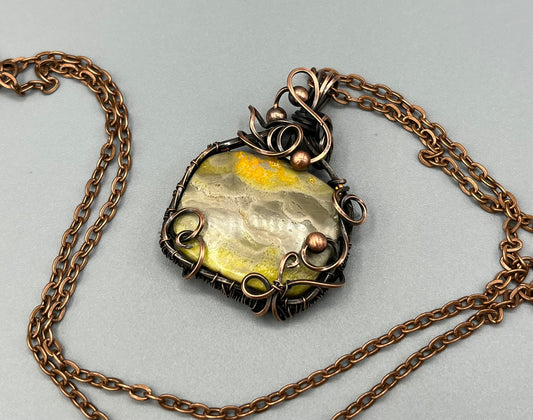 Square Bumble Bee Jasper Wire Wrapped Pendant