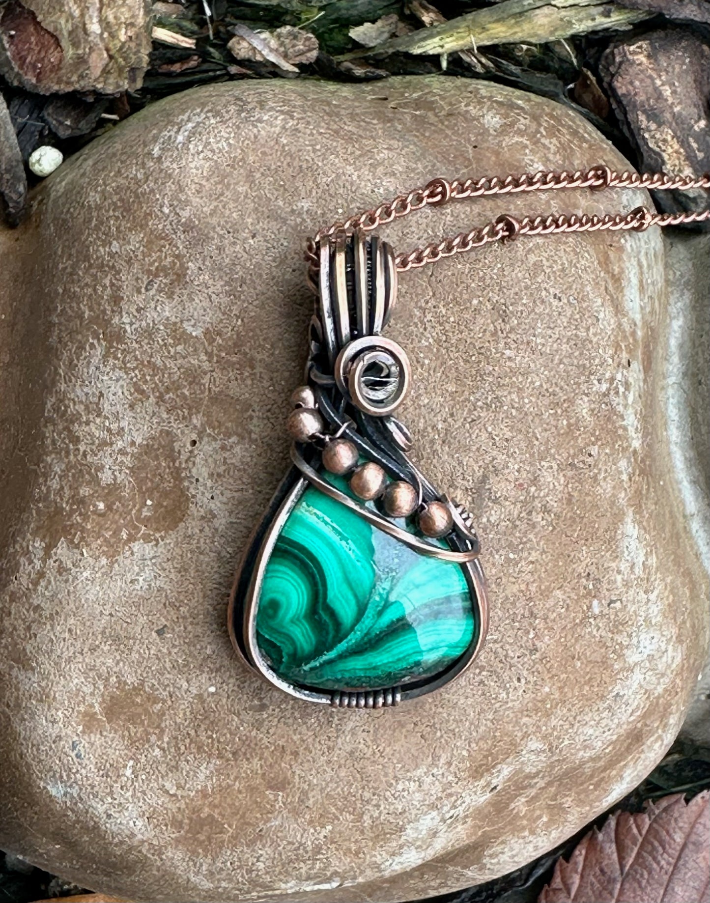 Handmade Wire Wrapped Malachite Pear Shape Pendant With Rosette Motif And Copper Beads
