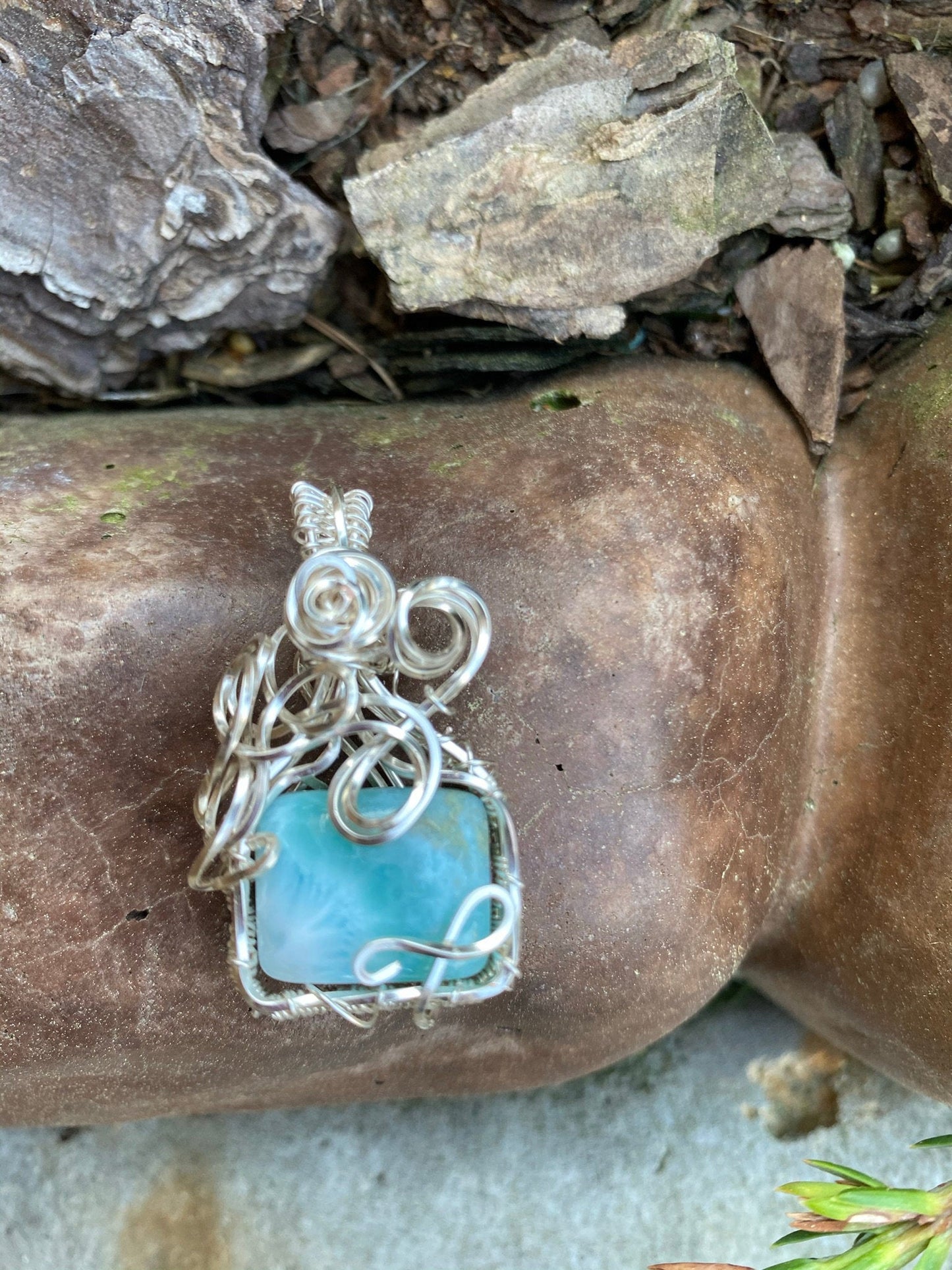 Square Larimar Wire Wrapped Pendant