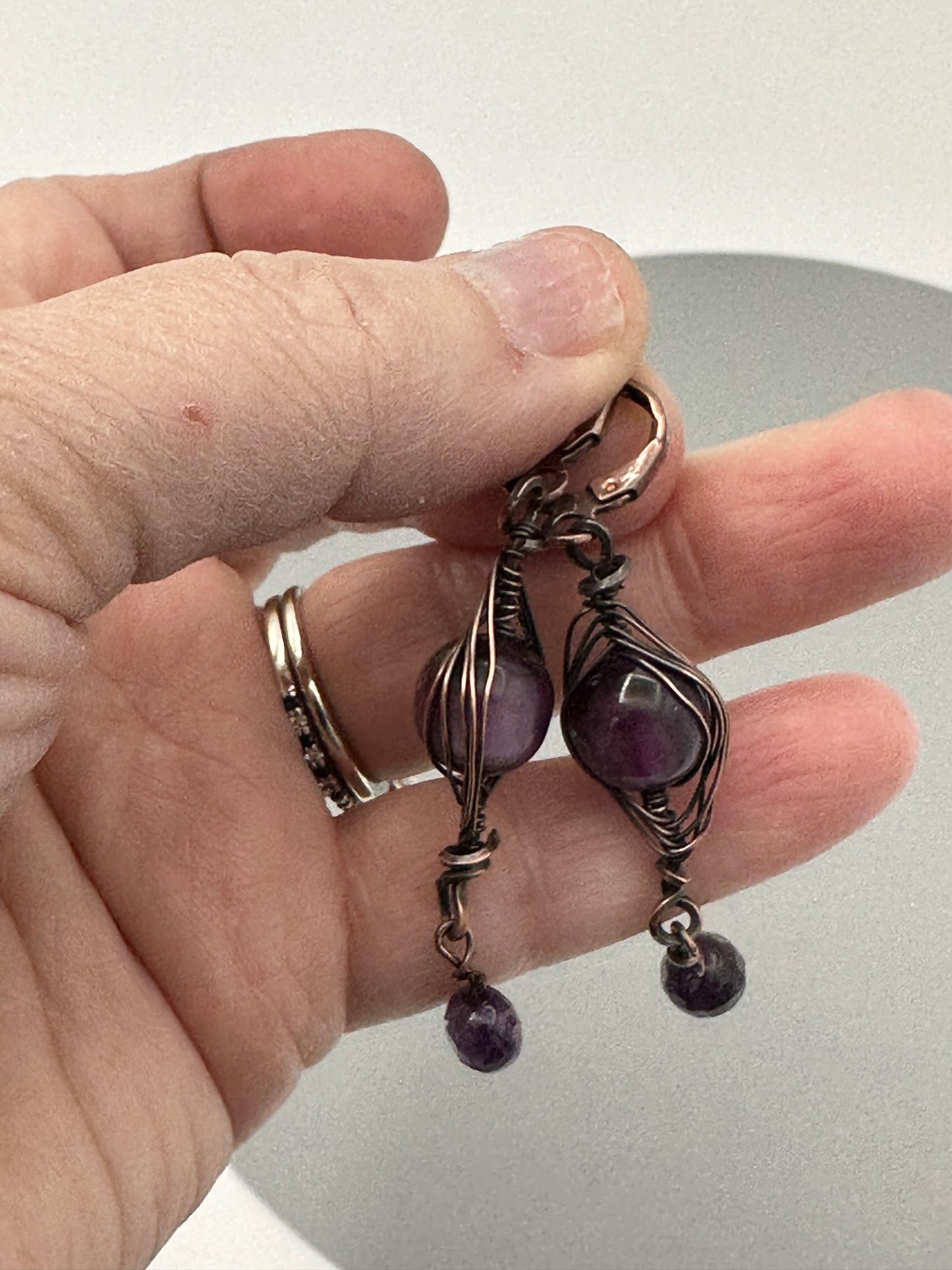 Purple Beaded Wire Wrapped Dangle Earrings