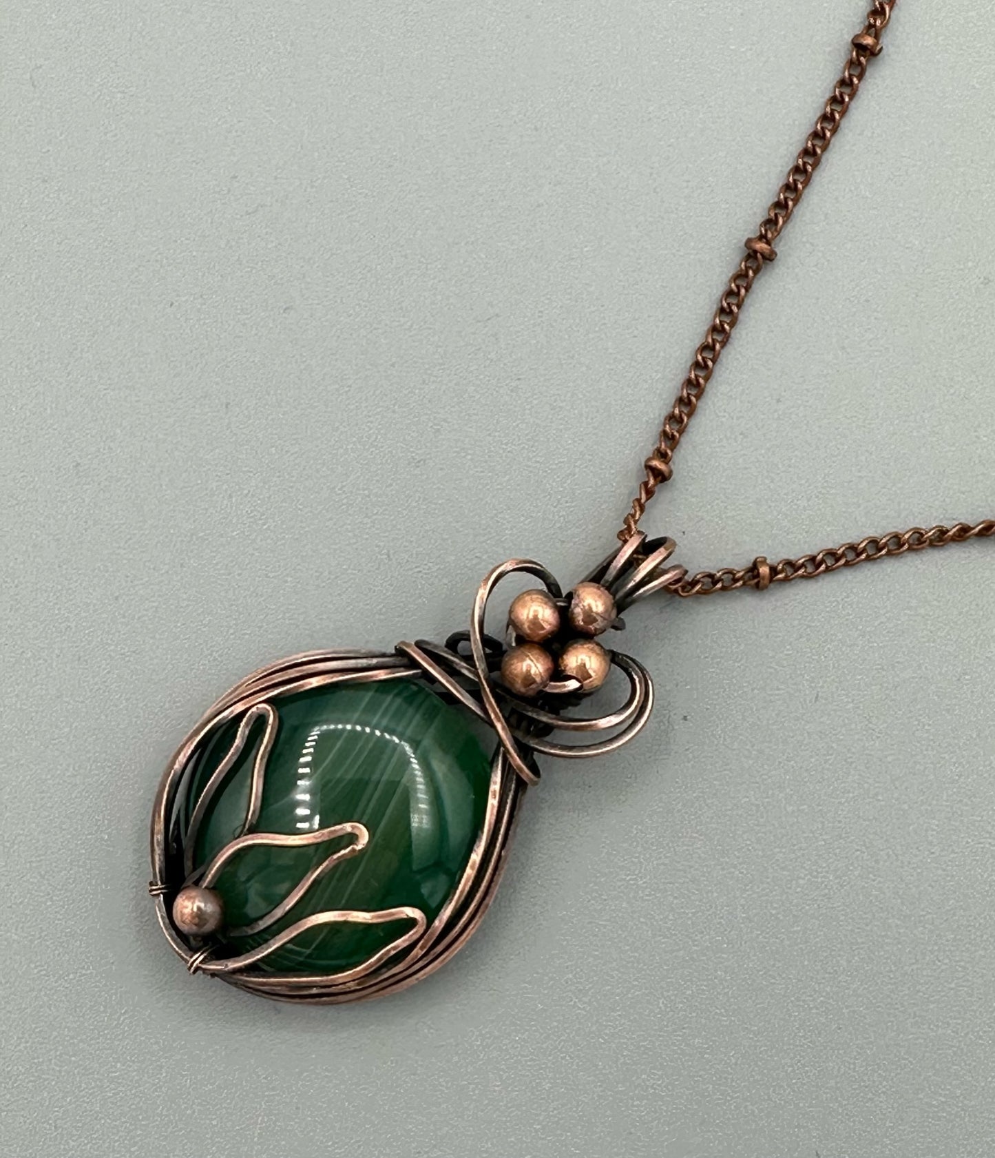 Round Green Veins Agate With Lotus Design And Copper Beads Wire Wrapped Pendant
