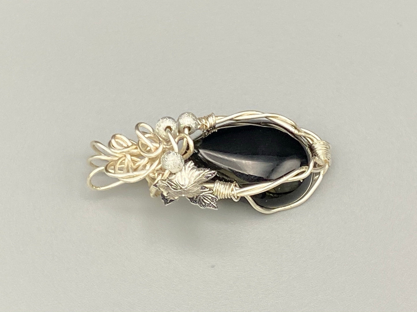 Wire Wrapped Black Agate Teardrop Pendant