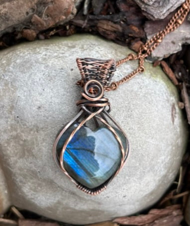 Labradorite Heart Wire Wrapped Pendant | Blue Handmade Pendant