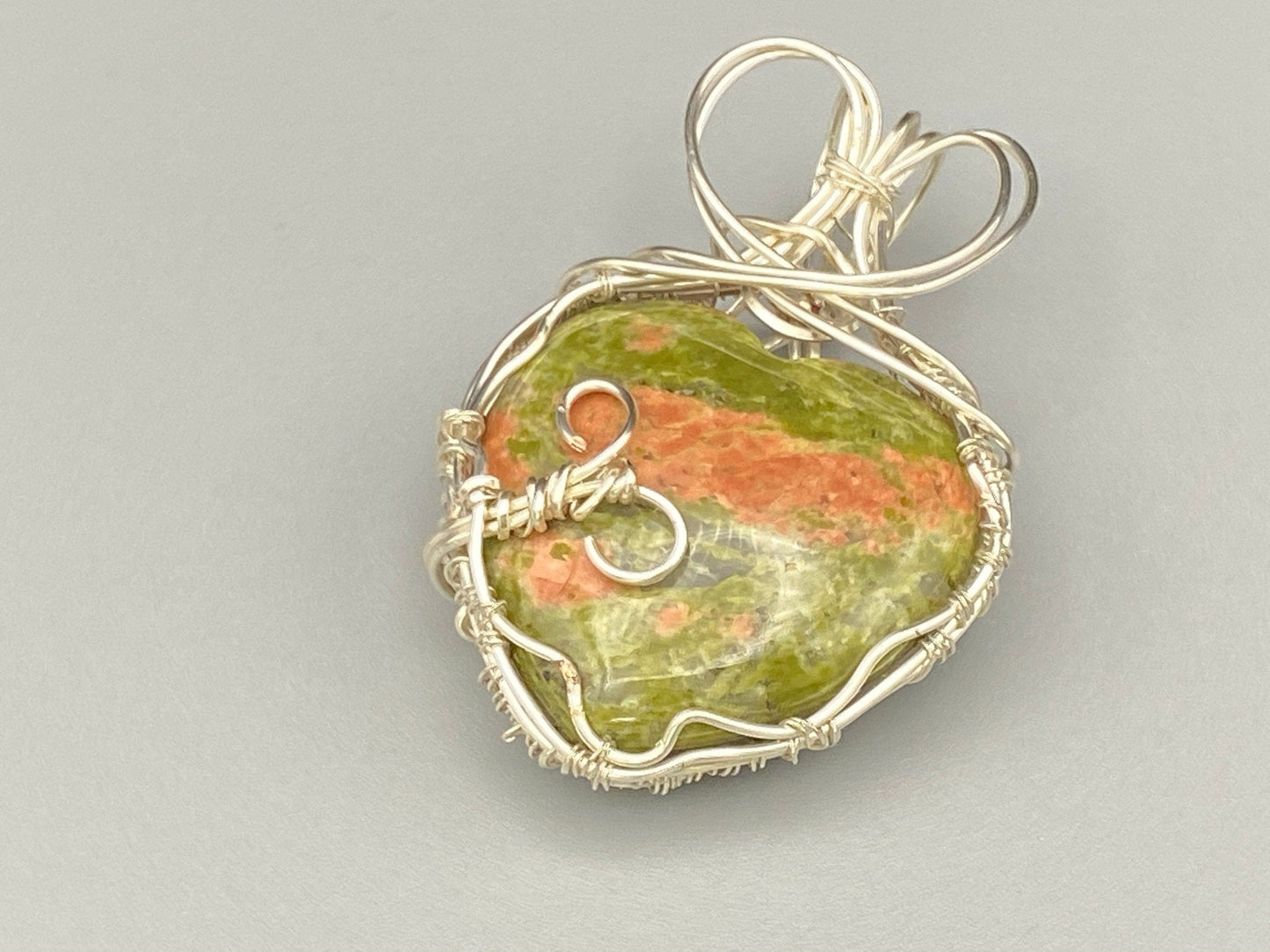 Wire Wrapped Unakite Heart Pendant with Silver Wire