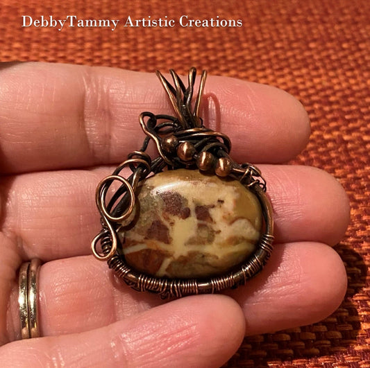 Wire Wrapped Oval Desert Jasper Pendant with Copper Beads