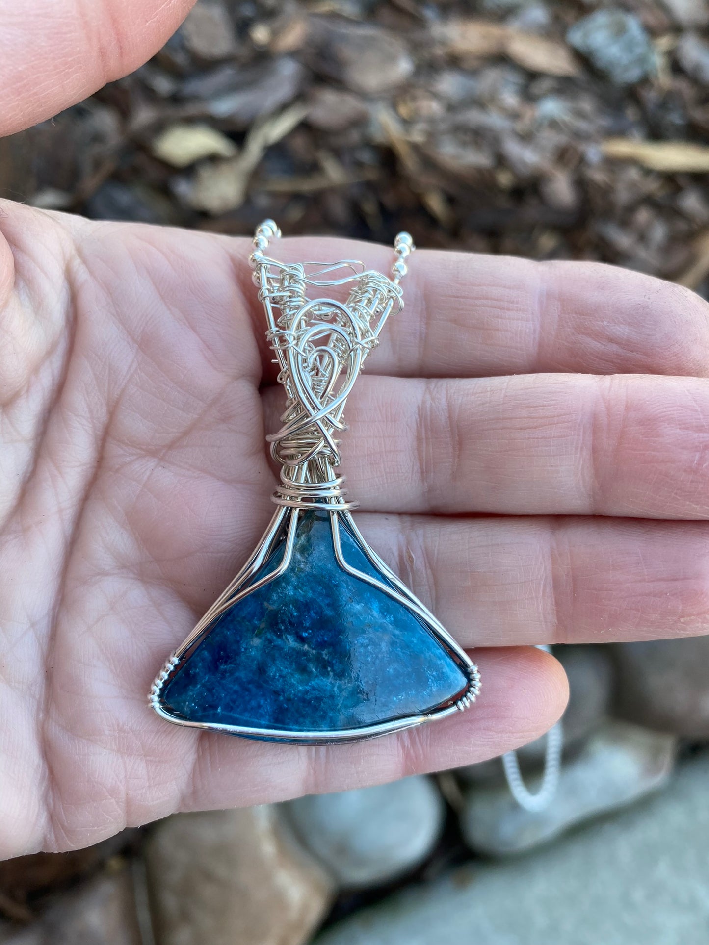 Blue Apatite Wedge Shaped Wire Wrapped Pendant | .935 Sterling Silver