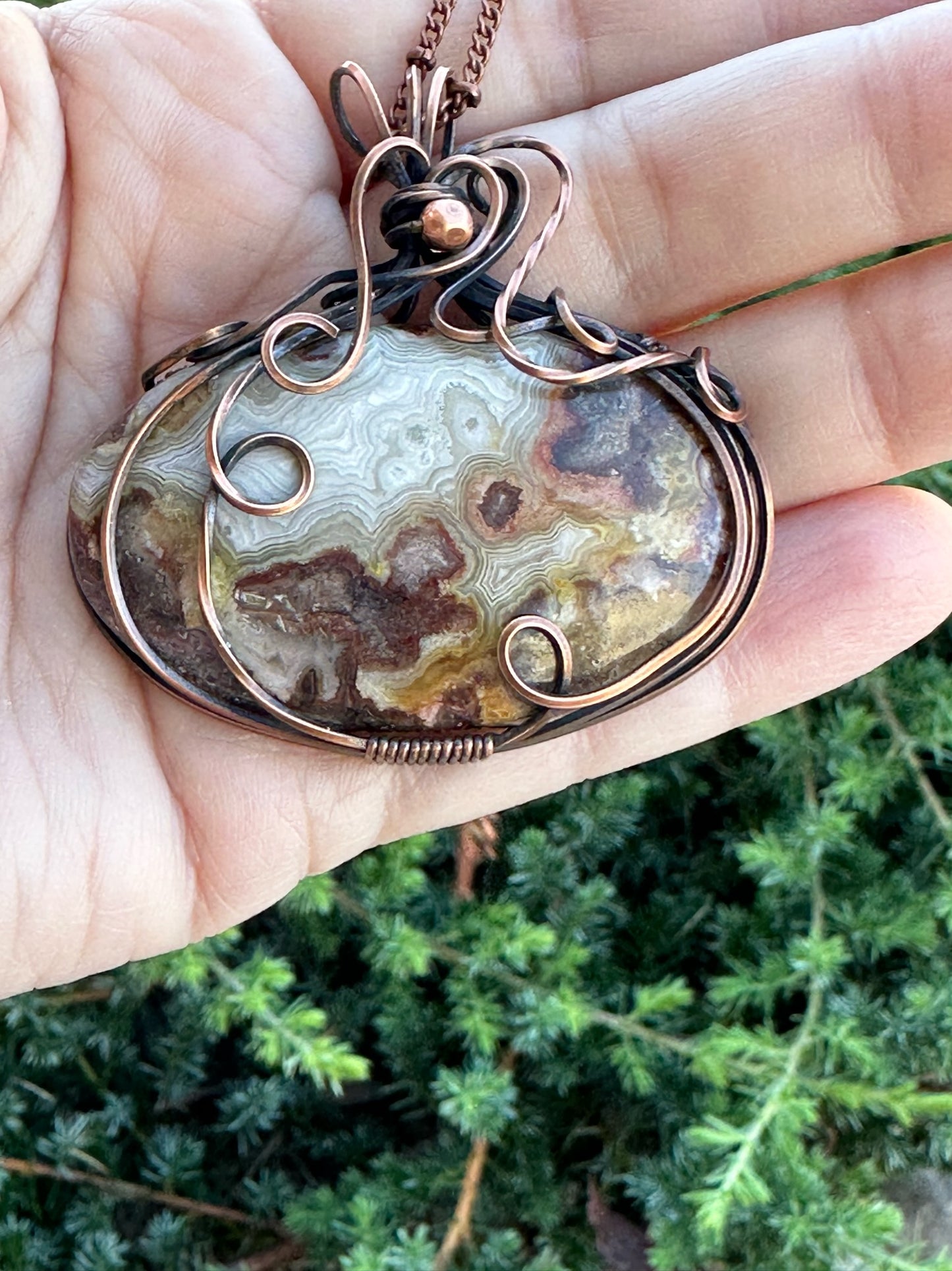 Oval Crazy Lace Agate Handmade Wire Wrapped Pendant