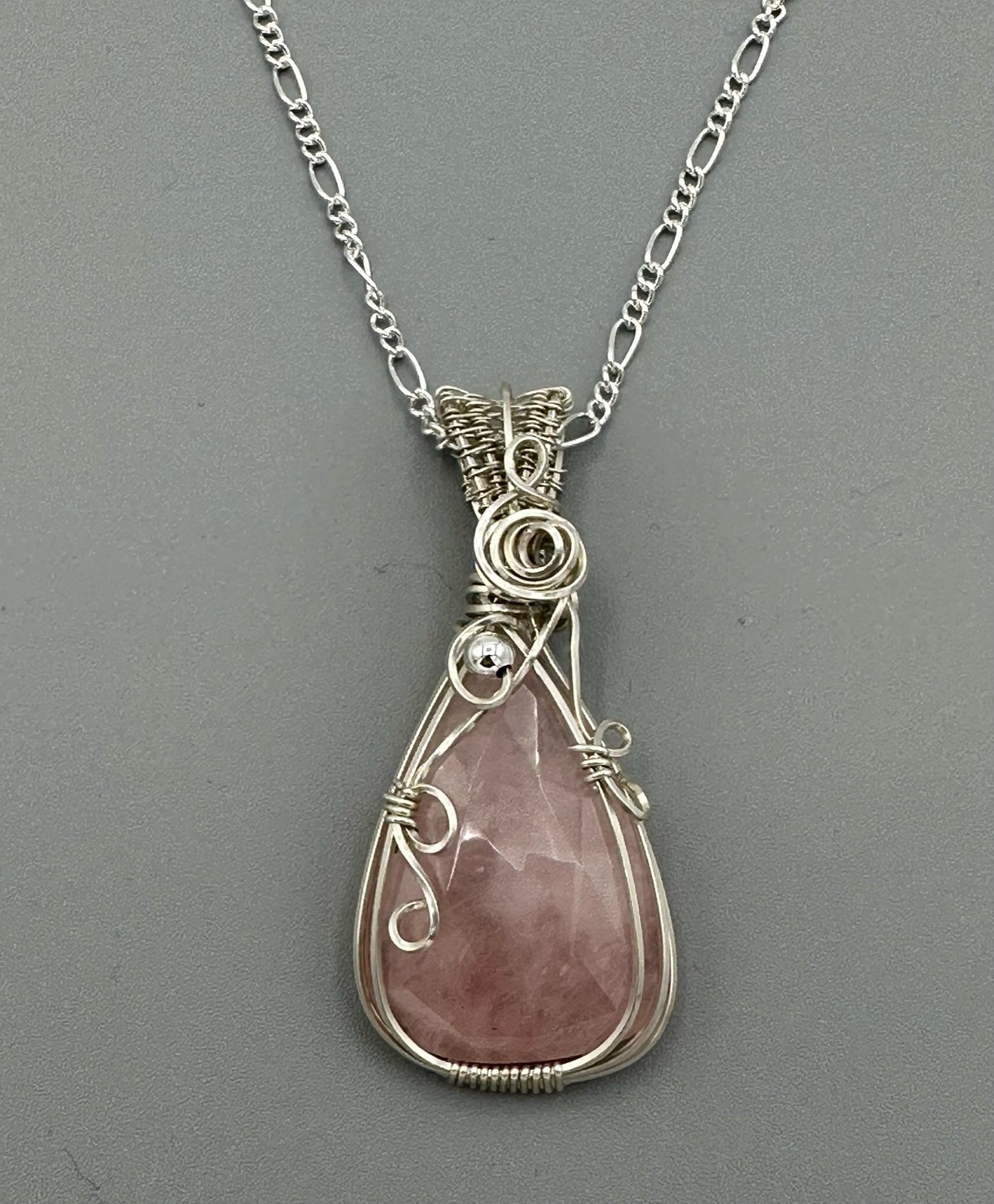 Rose Quartz Faceted Teardrop Wire Wrapped In Argentium Silver