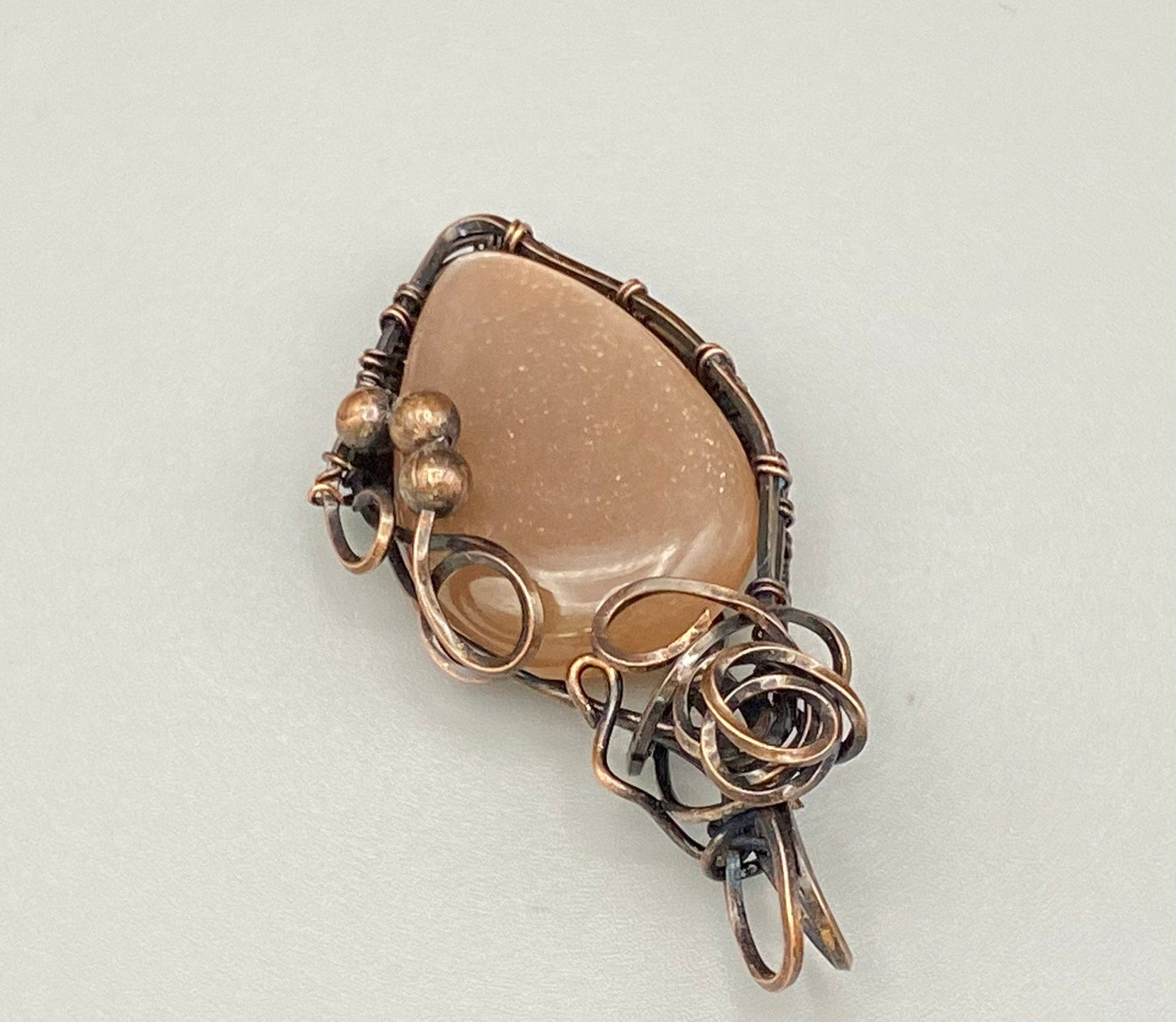 Wire Wrapped Teardrop Pink Moonstone Pendant with Copper Beads