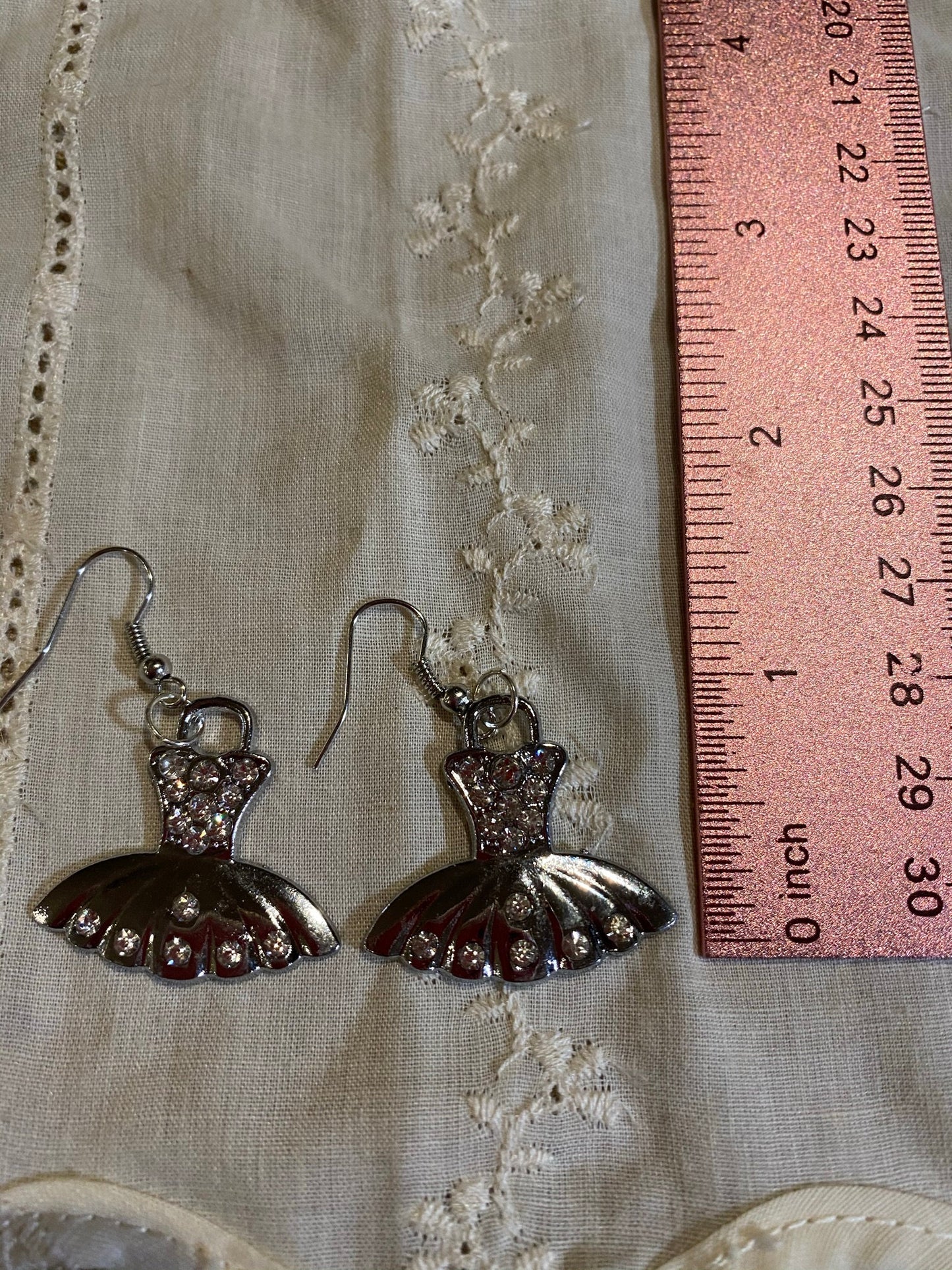 Silver And Rhinestone Tutu Ballet Dangle Earrings
