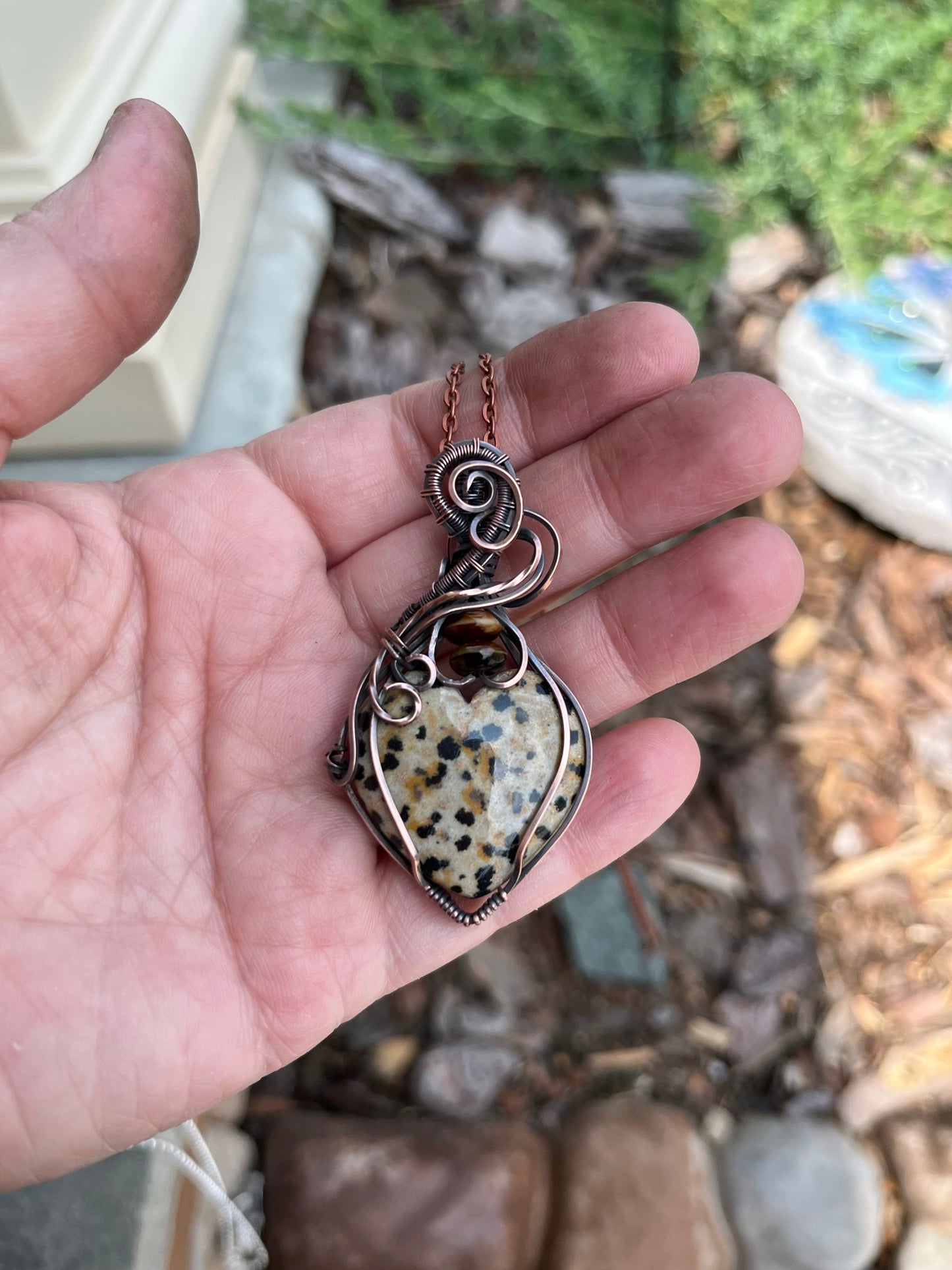 Natural Dalmation Jasper Heart Shaped Wire Wrapped Pendant