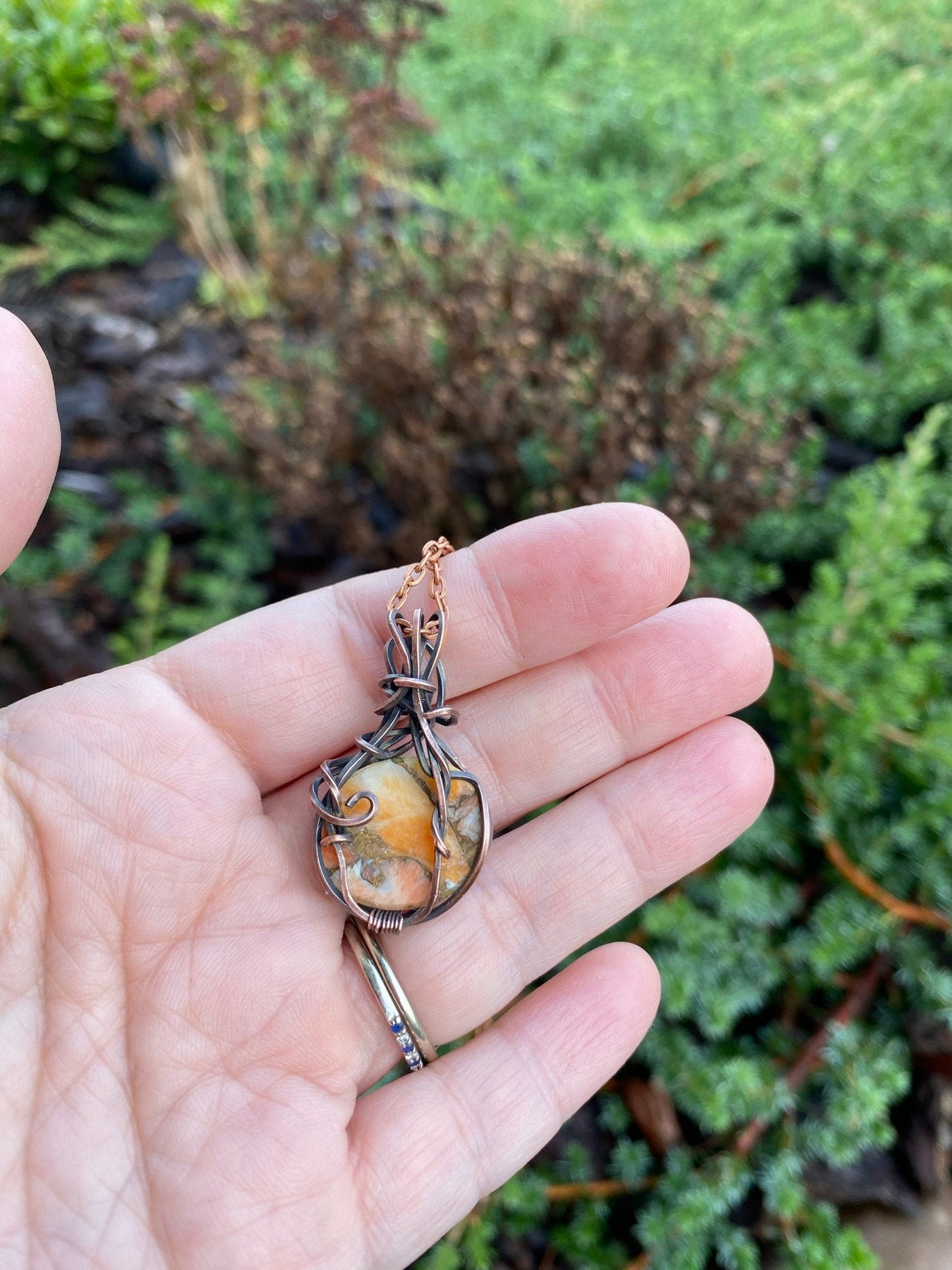 Rare Oval Copper and Turquoise Wire Wrapped Pendant