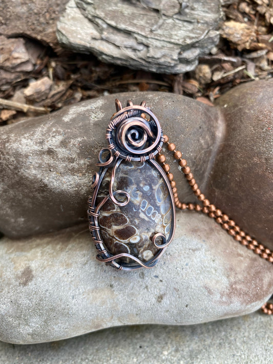 Turritella Agate Pendant | Wire Wrapped Oval Pendant