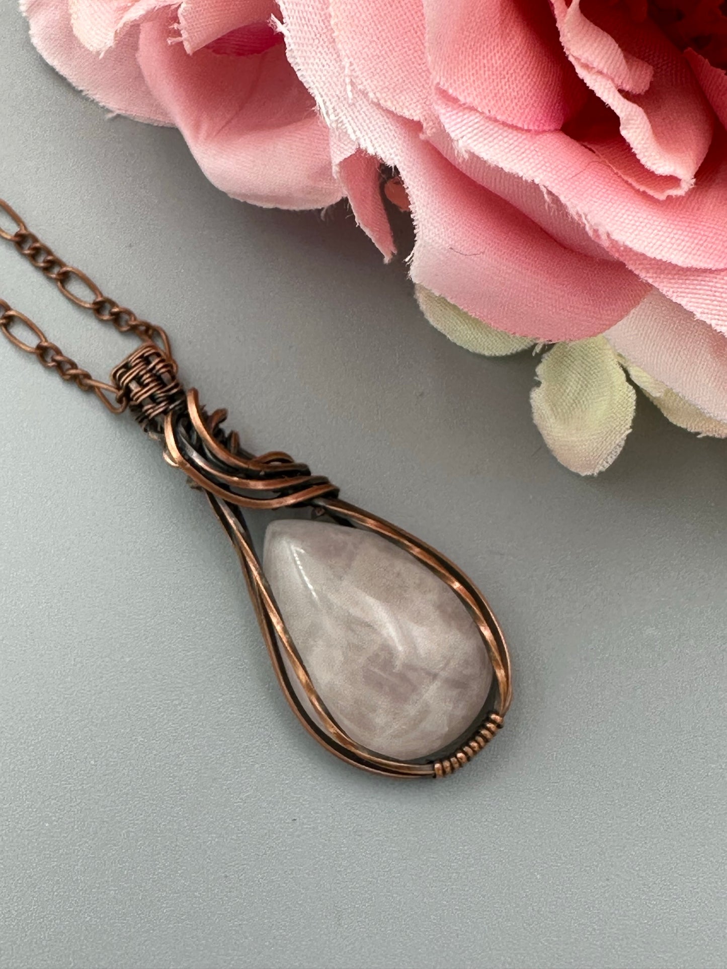 Rose Quartz Teardrop Pendant | Wire Wrapped Handmade Necklace