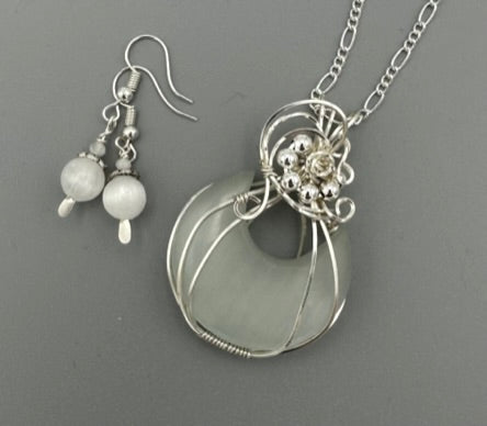 Selenite Crescent Moon Pendant and Earrings Set | Wire Wrapped in Fine Silver