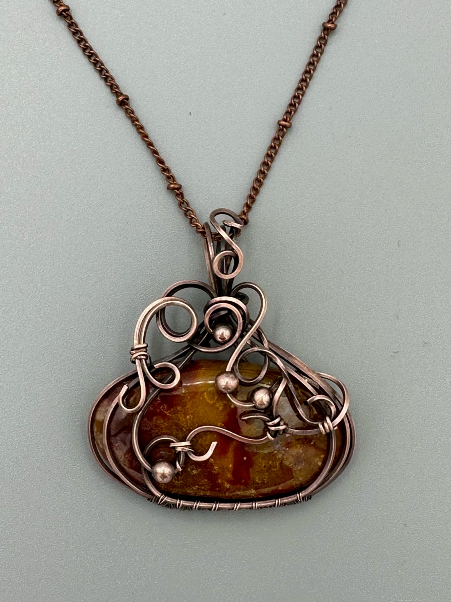 Autumn Colored Oval Swirly Handmade Wire Wrapped Pendant