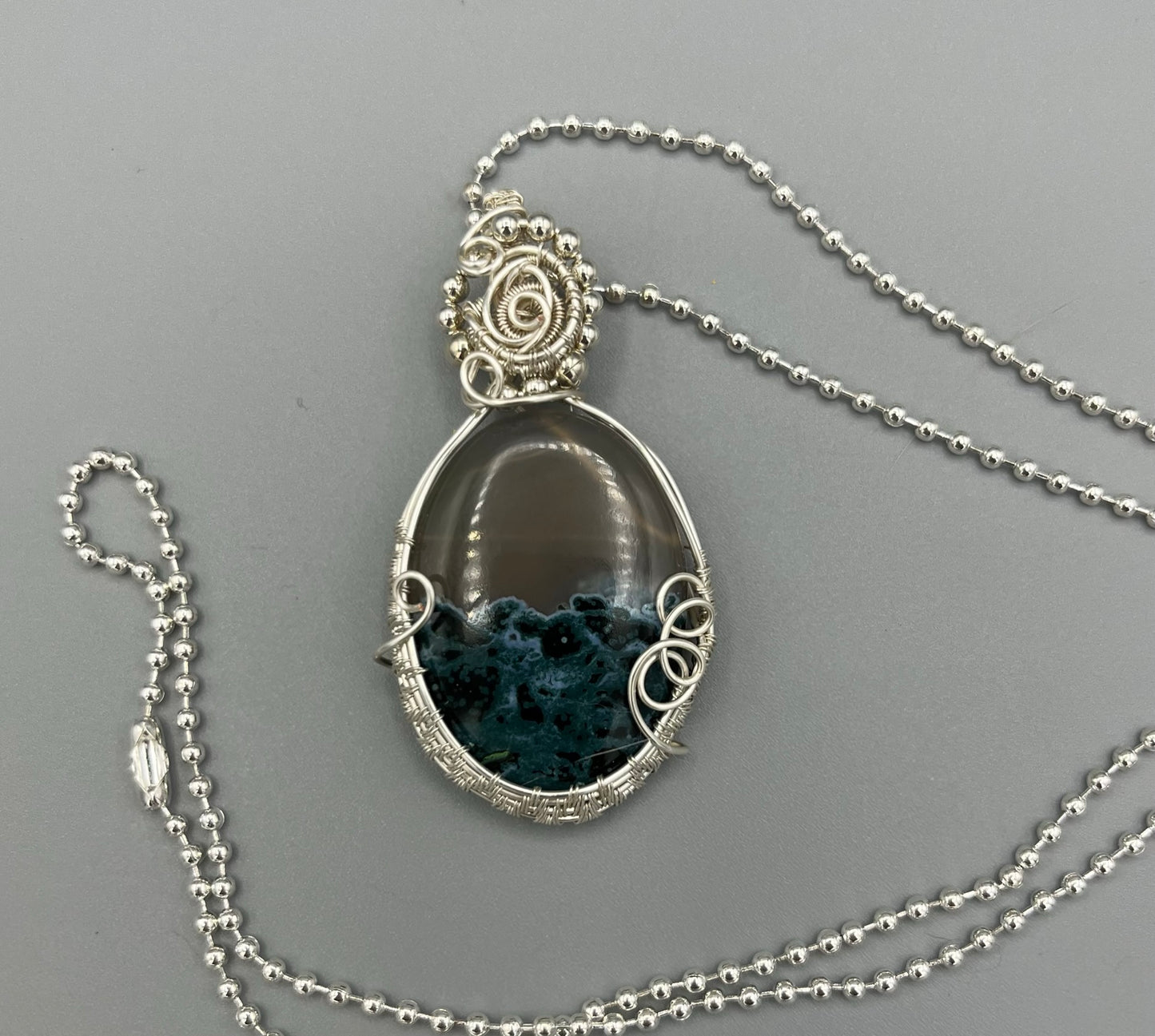 Moss Agate Oval Wire Wrapped Pendant