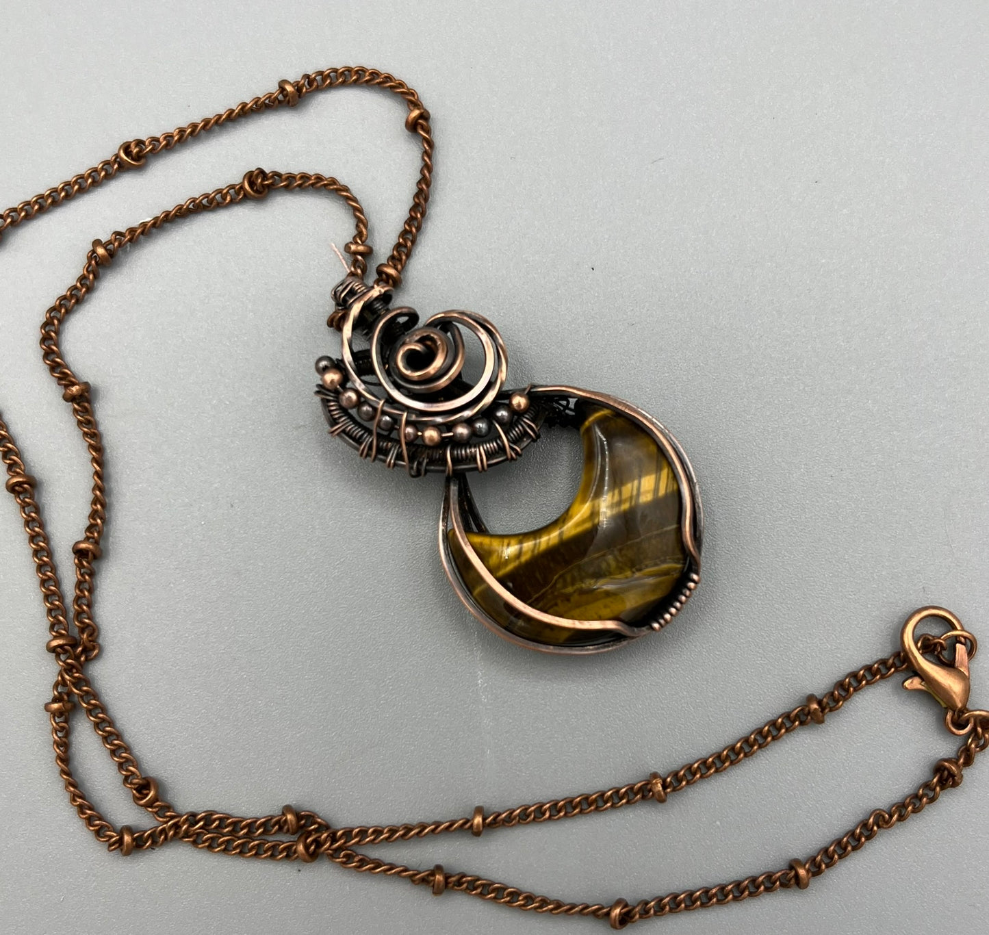 Tiger's Eye Crescent Moon Wire Wrapped Pendant