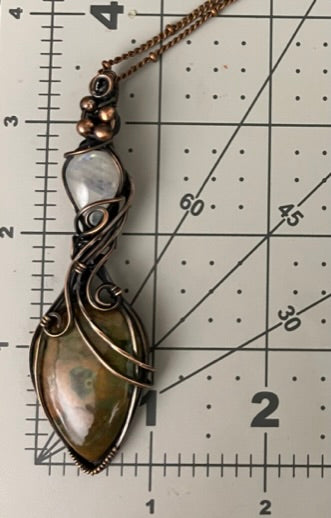 Rhyolite and Rainbow Moonstone Pendant | Copper Wire Wrapped Pendant