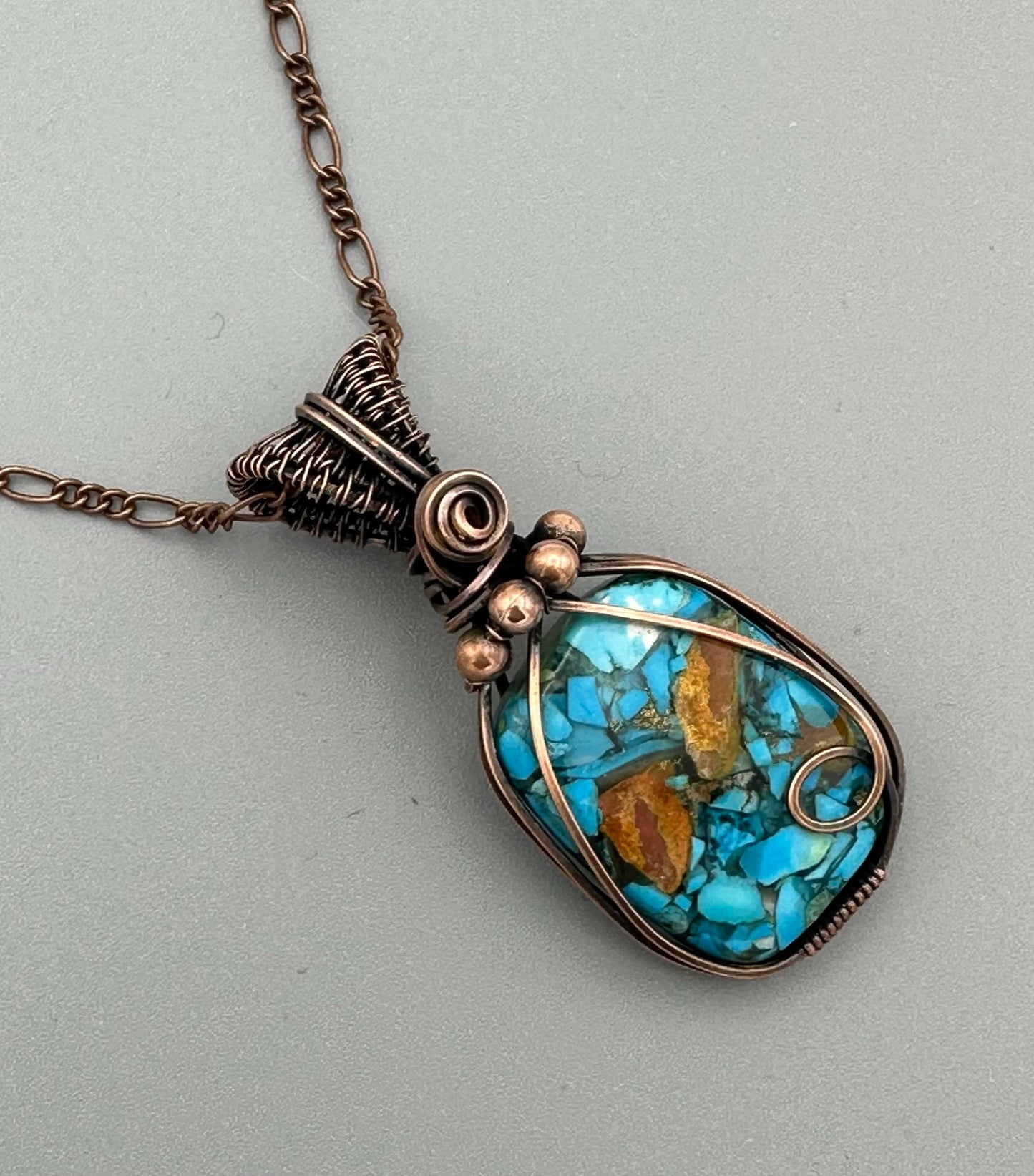 Copper Turquoise Wire Wrapped Pendant and Earrings Set