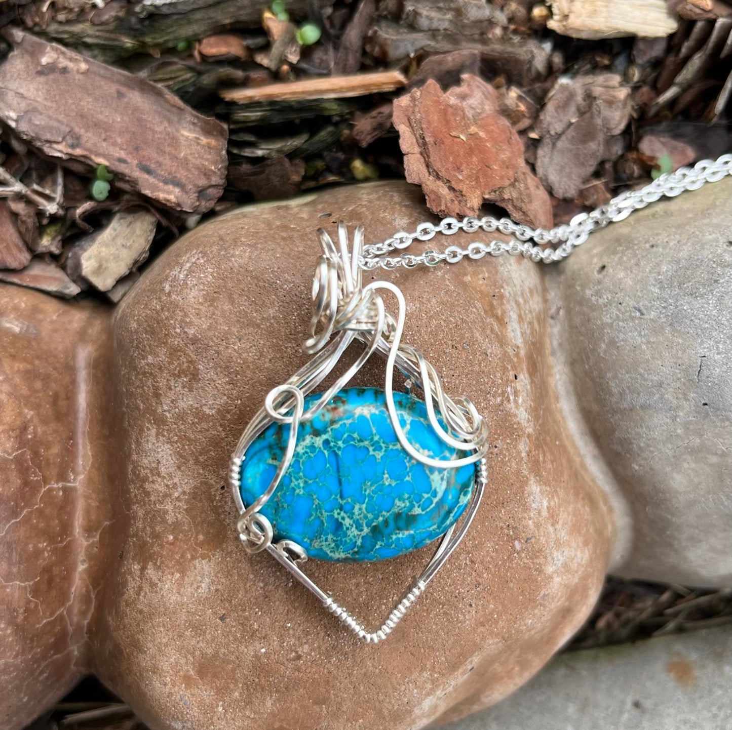 Megnasite Turquoise Oval Pendant Wire Wrapped