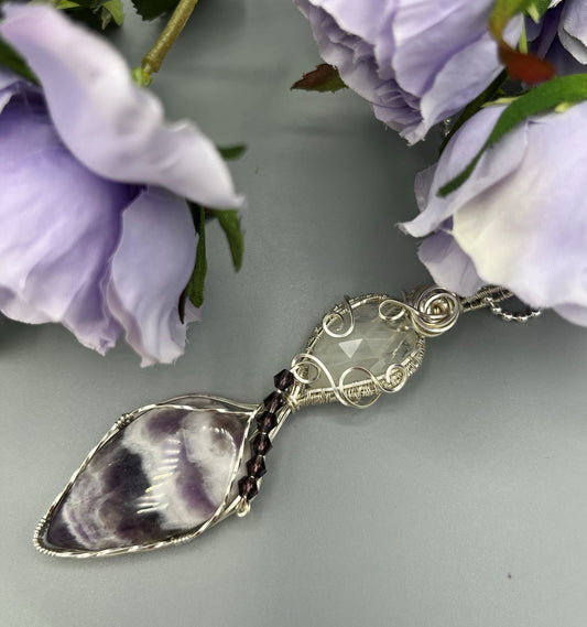 Amethyst and Faceted Moonstone Double Wire Wrapped Pendant