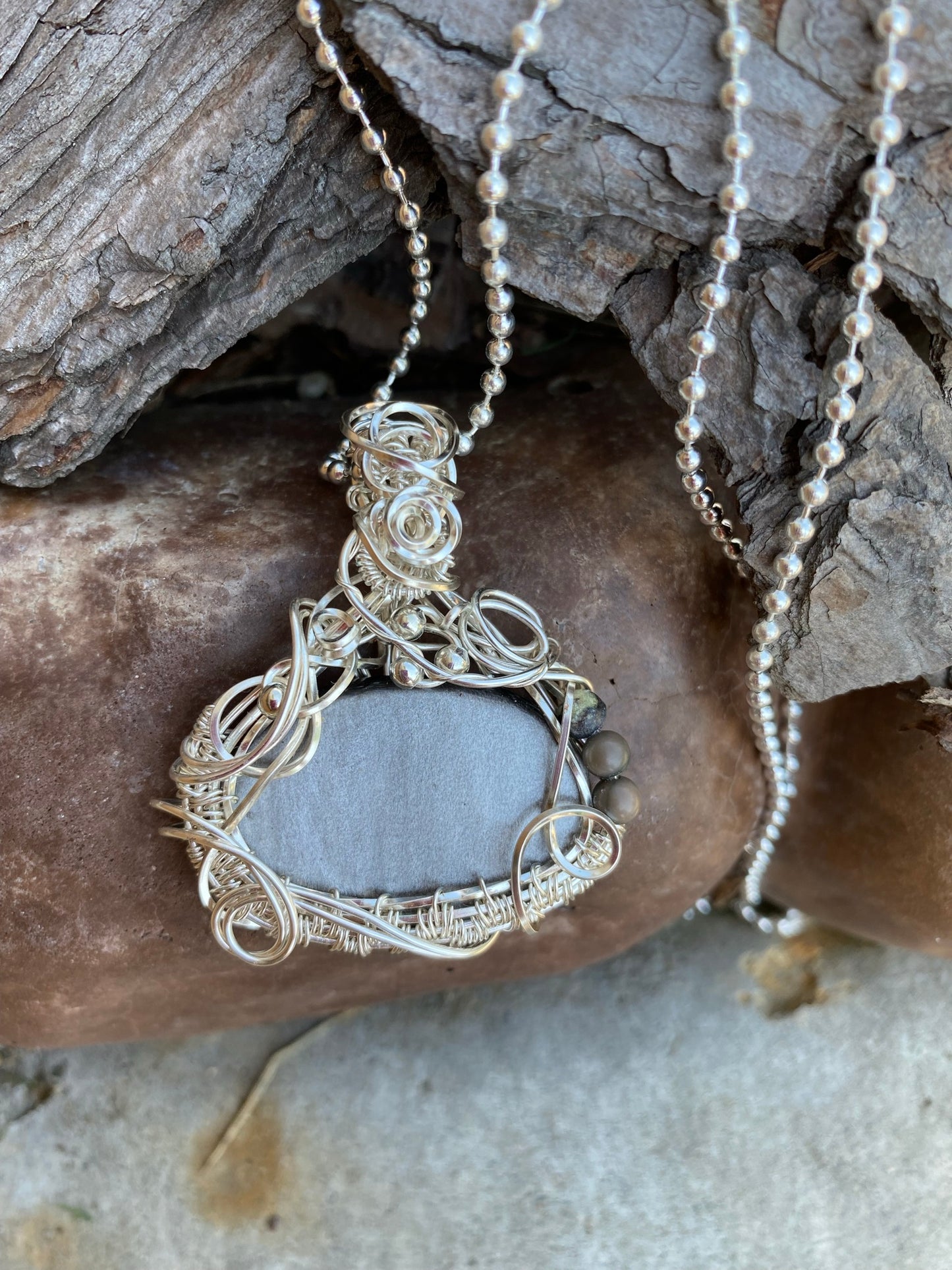Oval Silver Sheen Obsidian Pendant Wire Wrapped in Silver