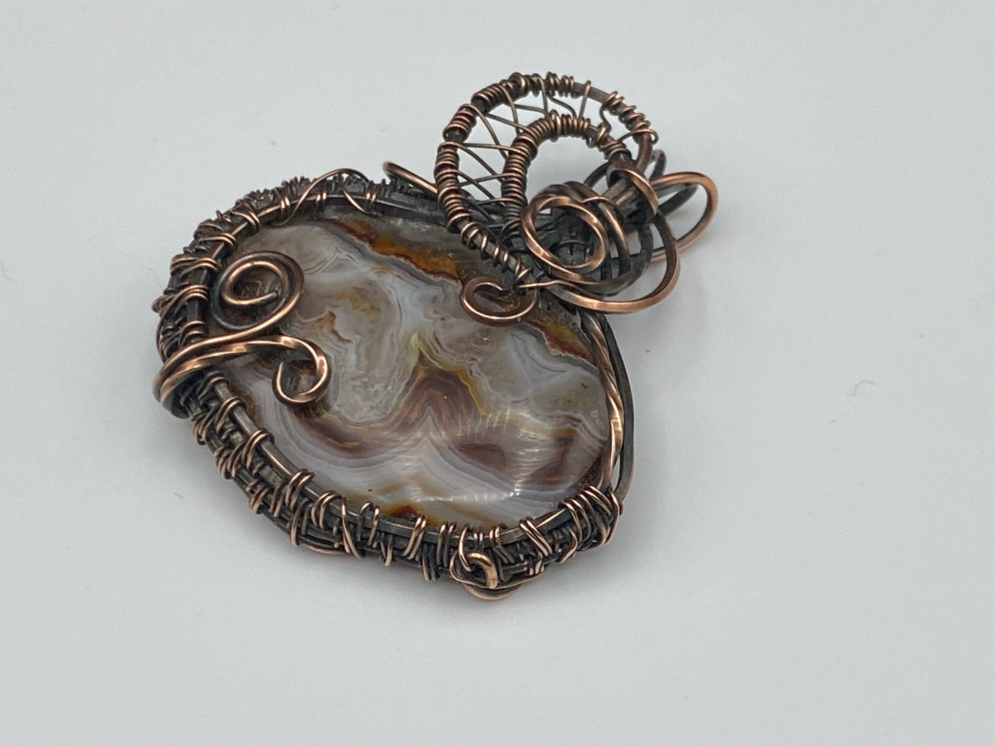 Earthy Mexican Oval Crazy Lace Agate Pendant, Wire Wrapped and Woven