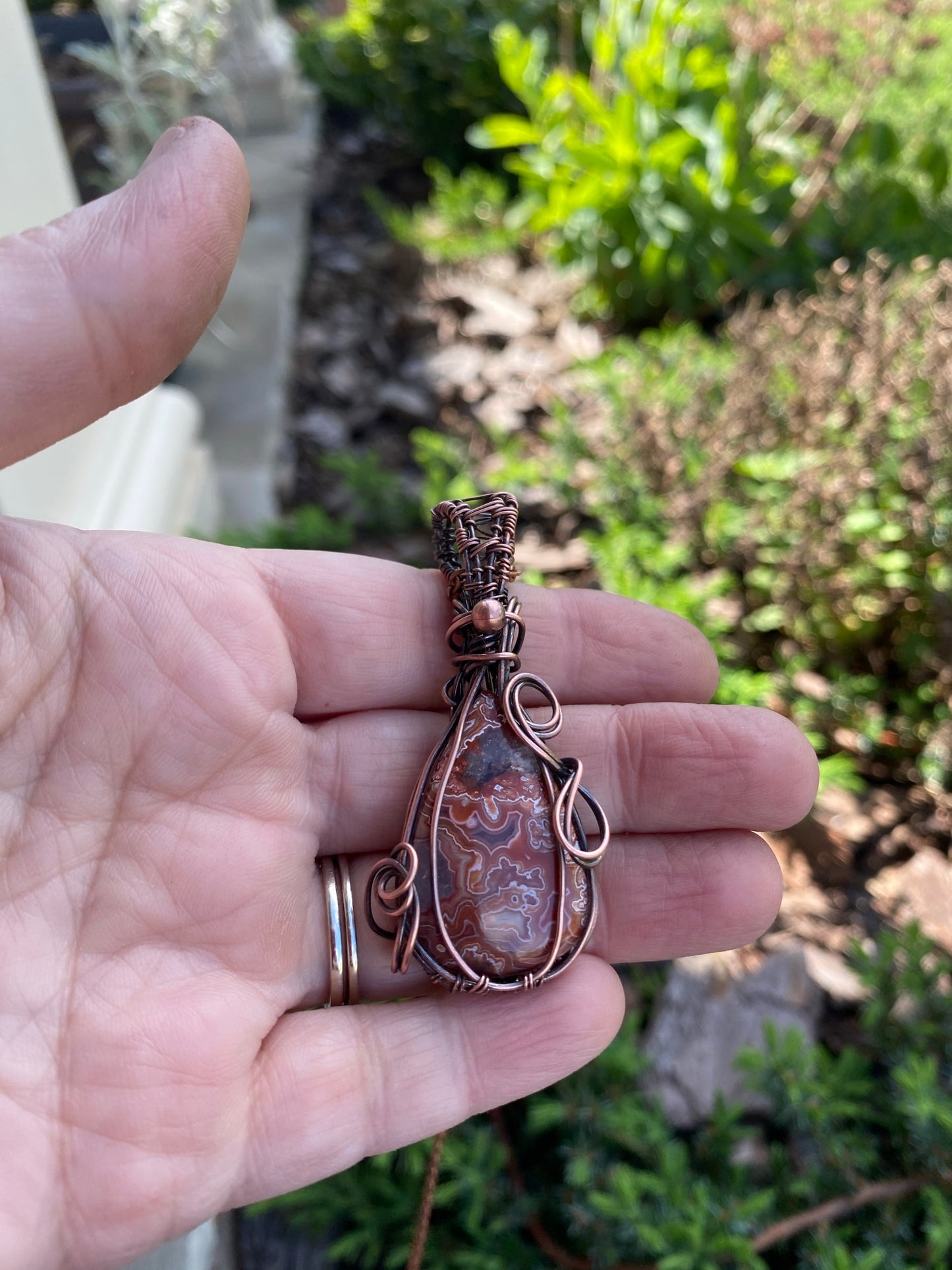 Teardrop Crazy Lace Pendant Wire Wrapped in Copper