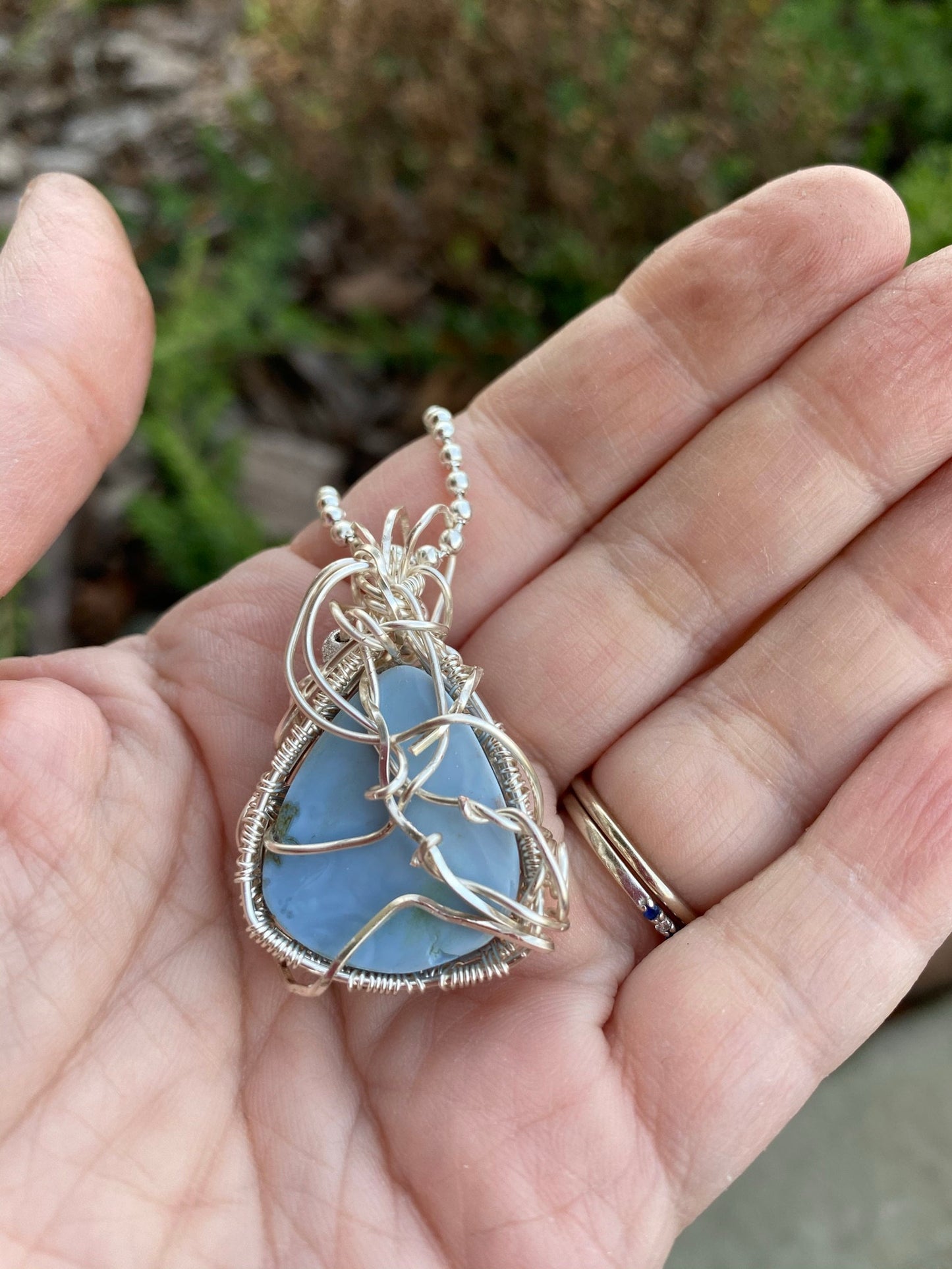 Wire Wrapped Blue Opal Teardrop Pendant