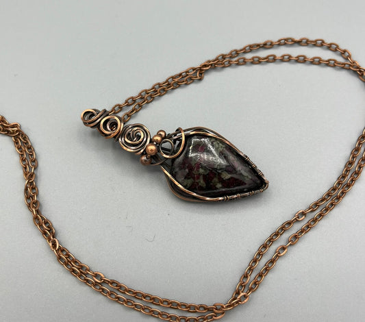 Eudialyte Teardrop Shaped Stone Wire Wrapped in Oxidized Copper