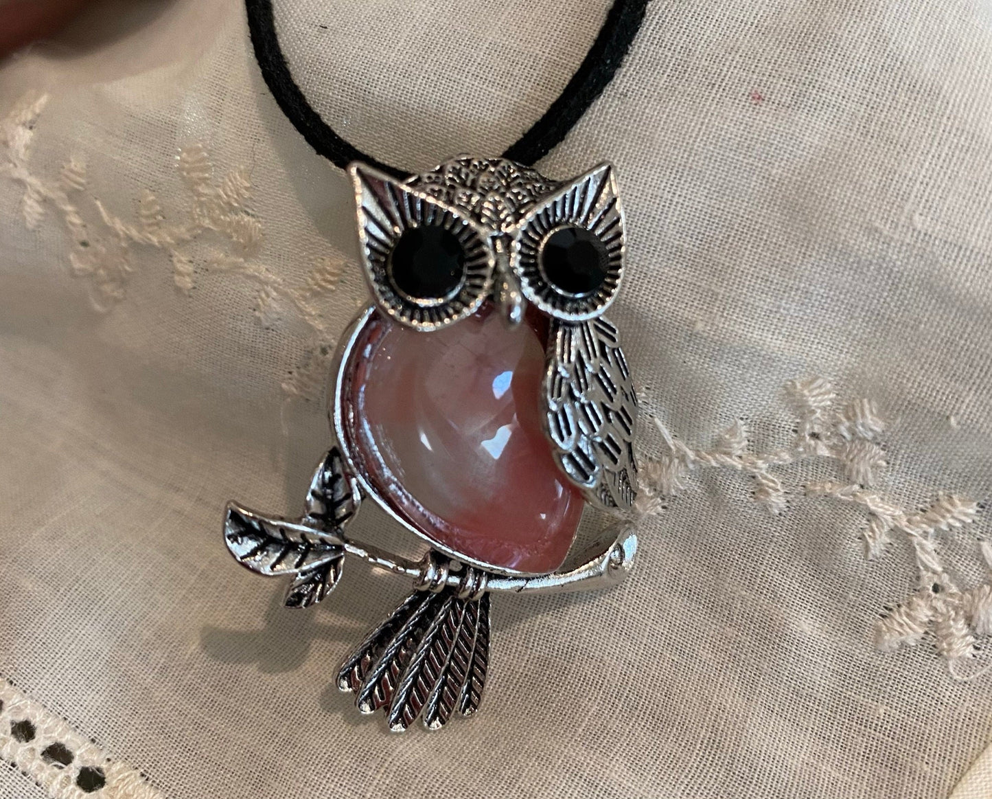 Pinkish Banded Owl Charm Necklace with Black Cord