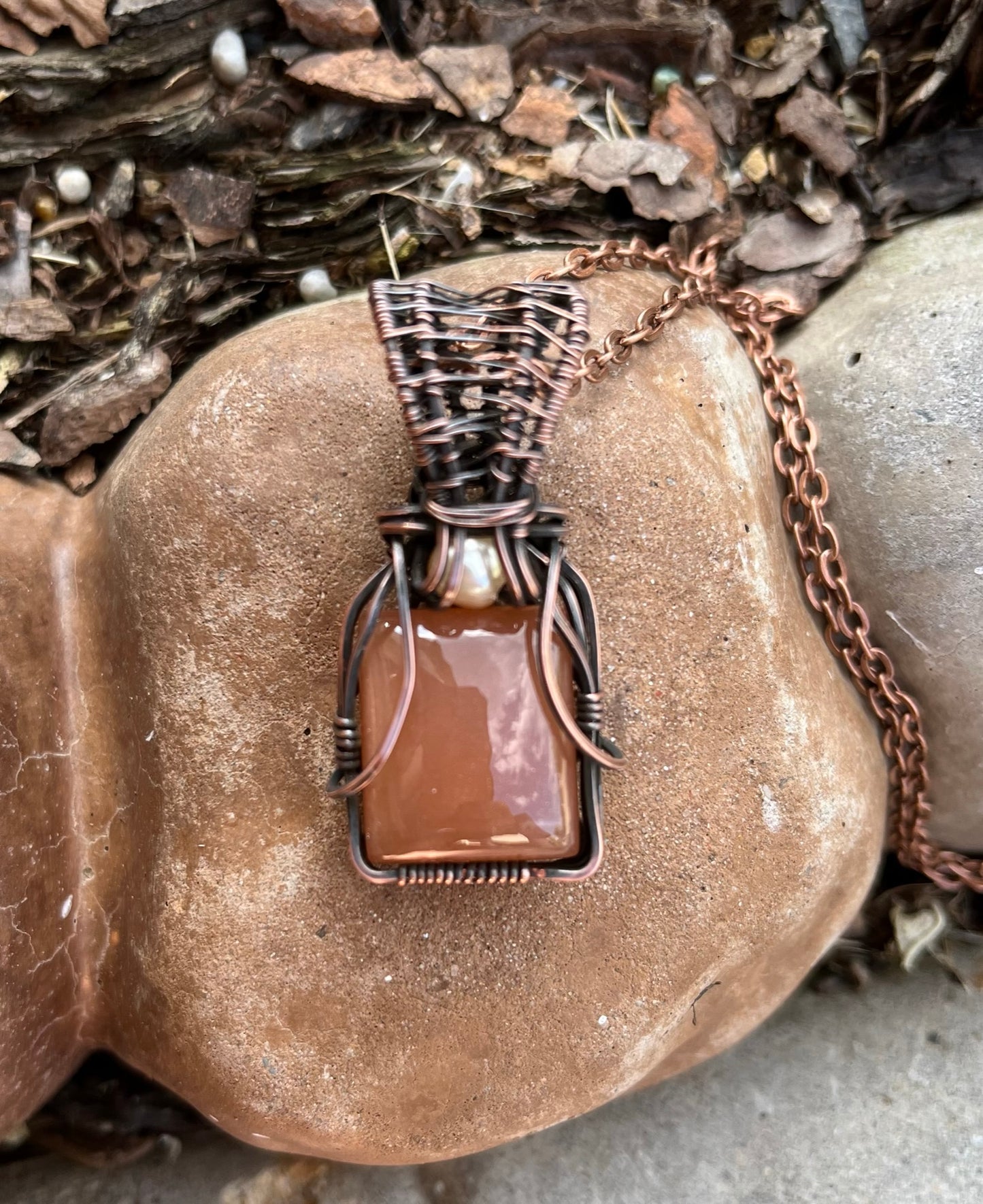 Square Peach Moonstone Wire Wrapped in Antiqued Copper Wire