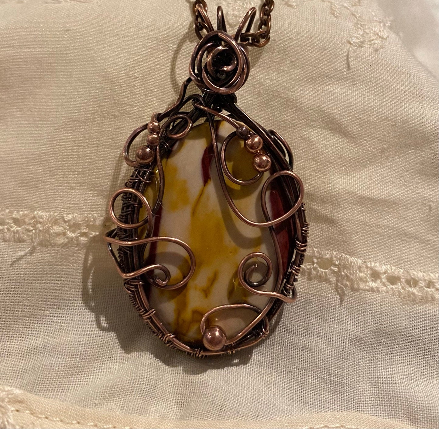 Wire Wrapped Mookaite Oval Pendant with Chaos Curls