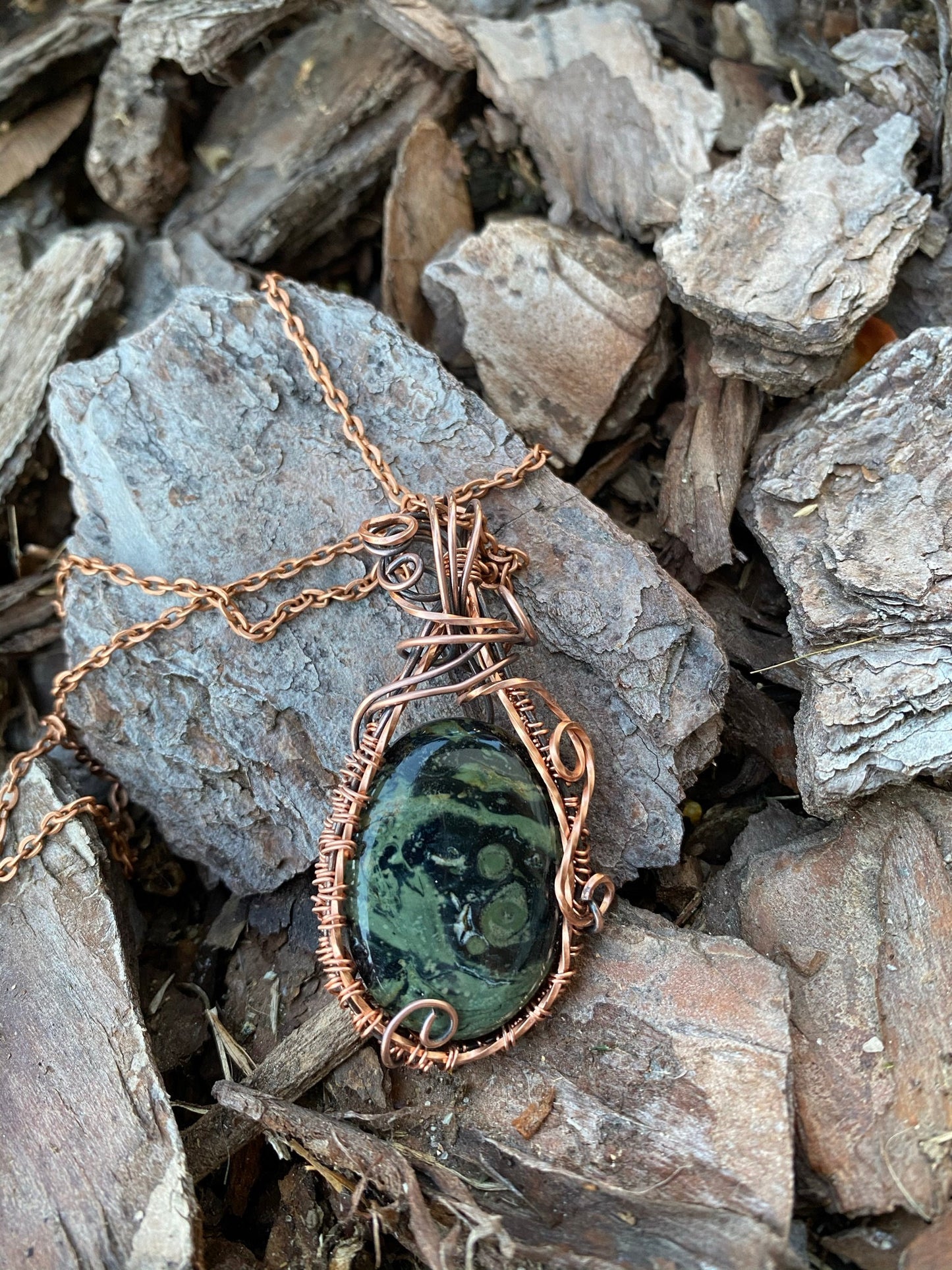 Natural Kambaba Jasper, Wire Wrapped and Woven Oval Pendant