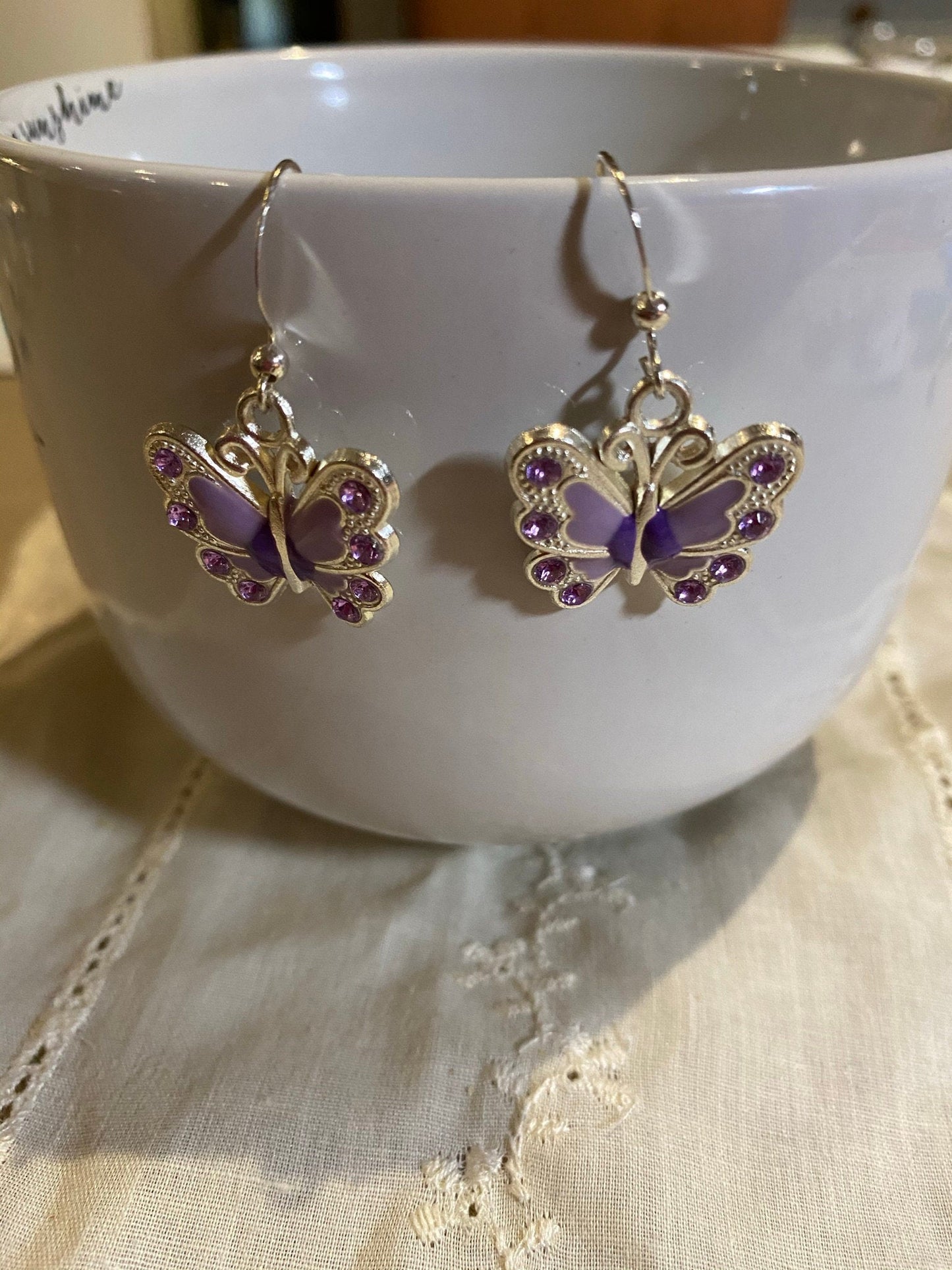 Purple and Silver Butterfly Charm Earrings