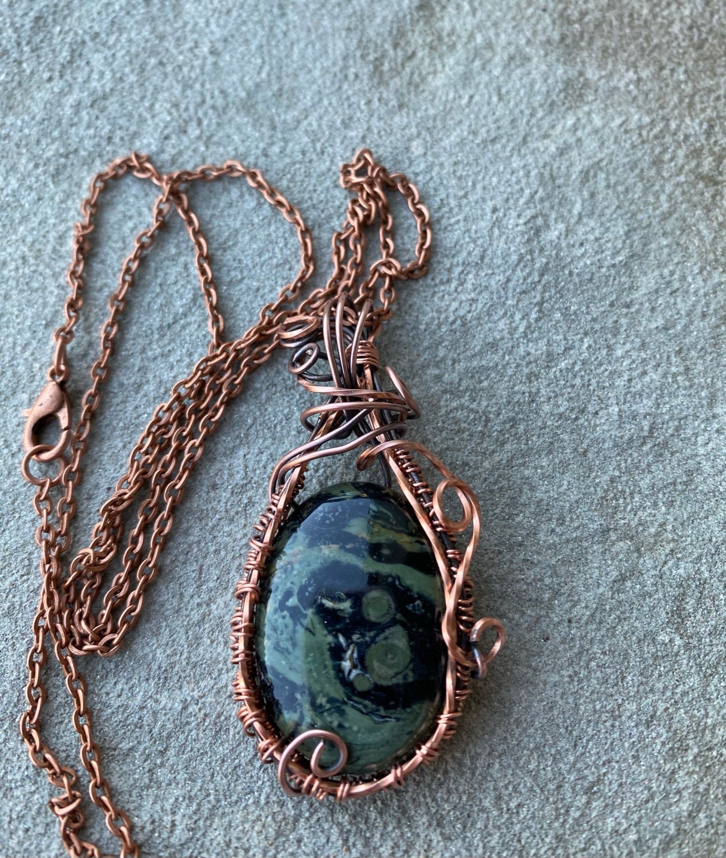 Natural Kambaba Jasper, Wire Wrapped and Woven Oval Pendant