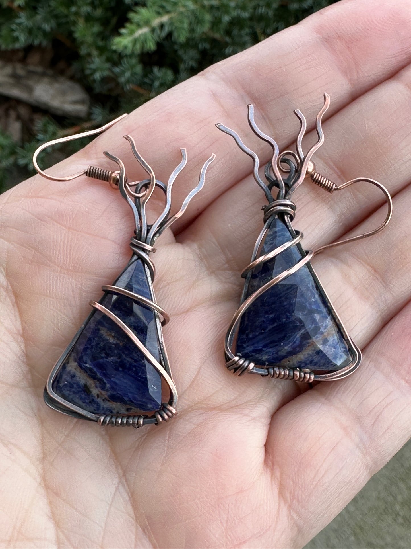 Handmade Wire Wrapped Sodalite Triangle Dangle Earrings